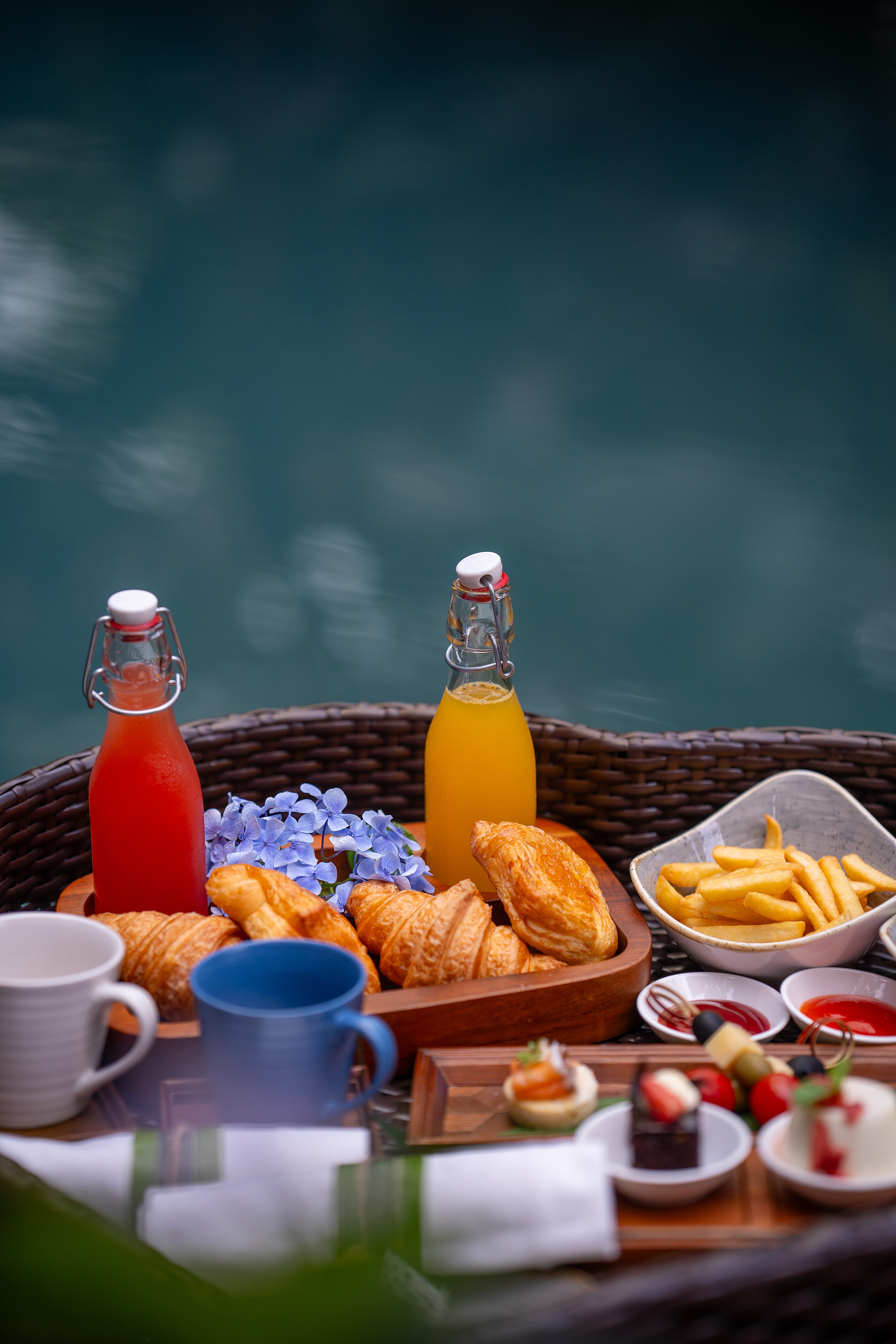 a basket of food and drinks