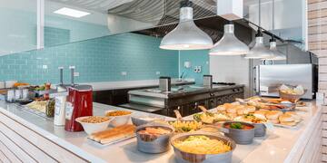 a counter with food on it