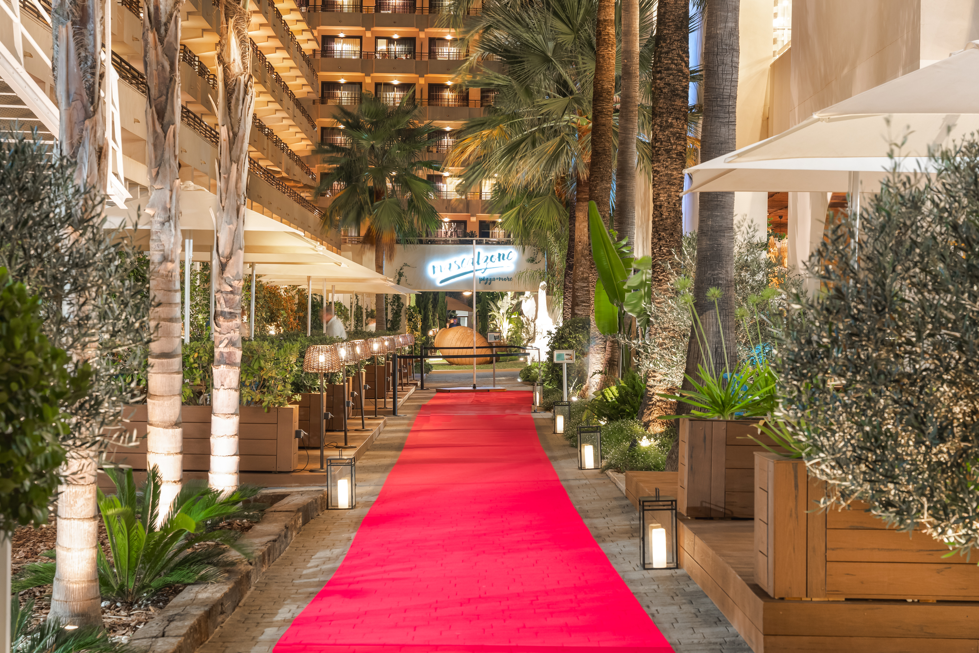 Luxury hotel entrance, red carpet, palm trees, outdoor restaurant.