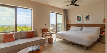 a room with a bed and couches