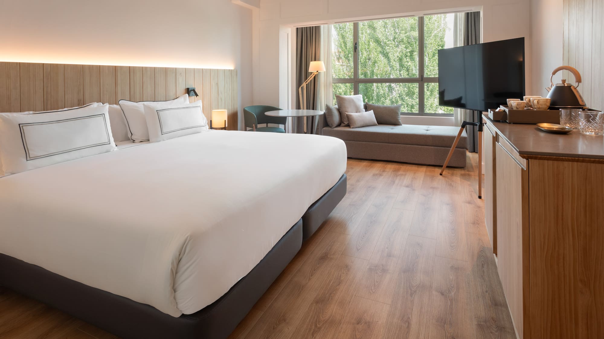 a room with a bed and a television