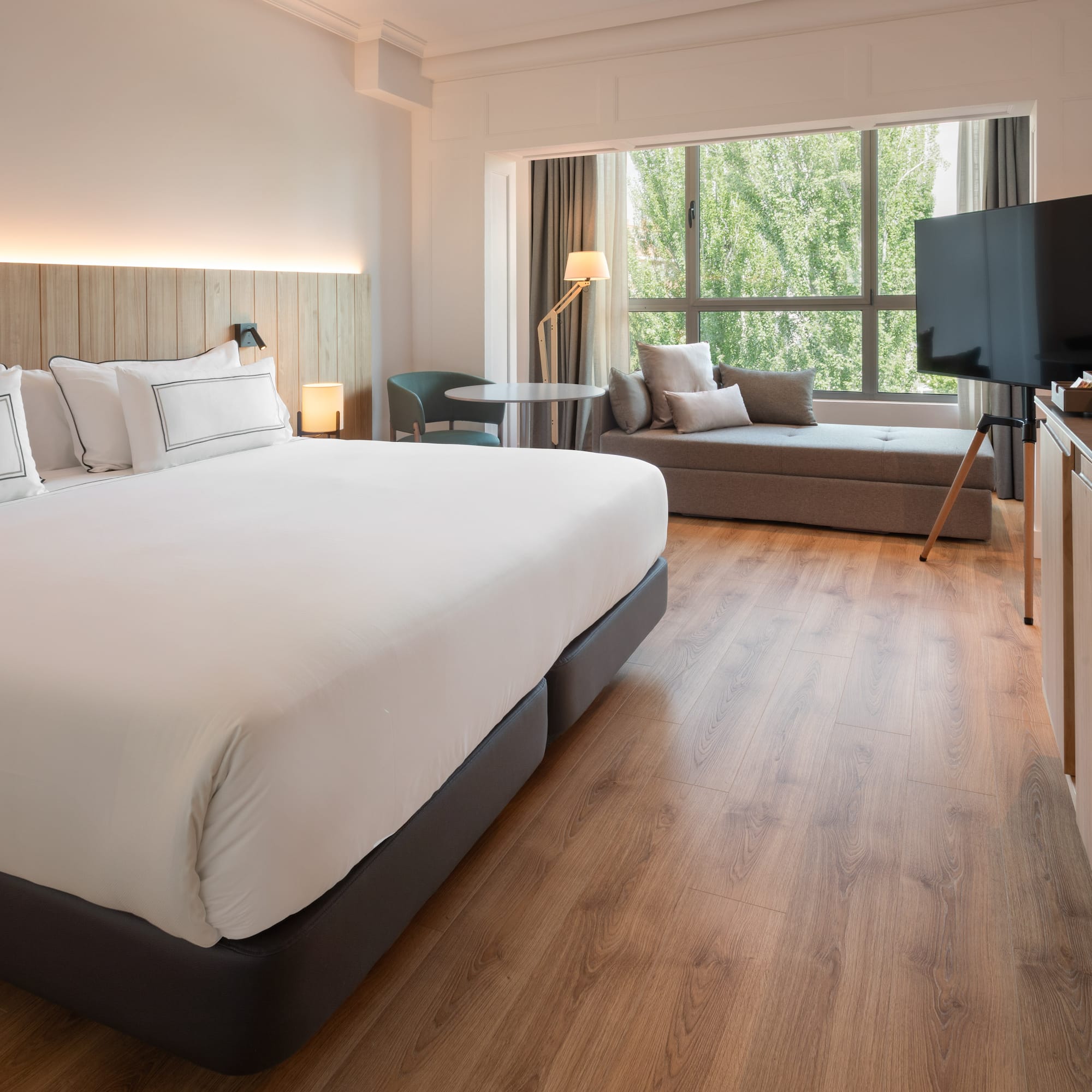 a room with a bed and a television