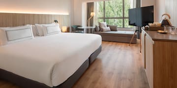 a room with a bed and a television