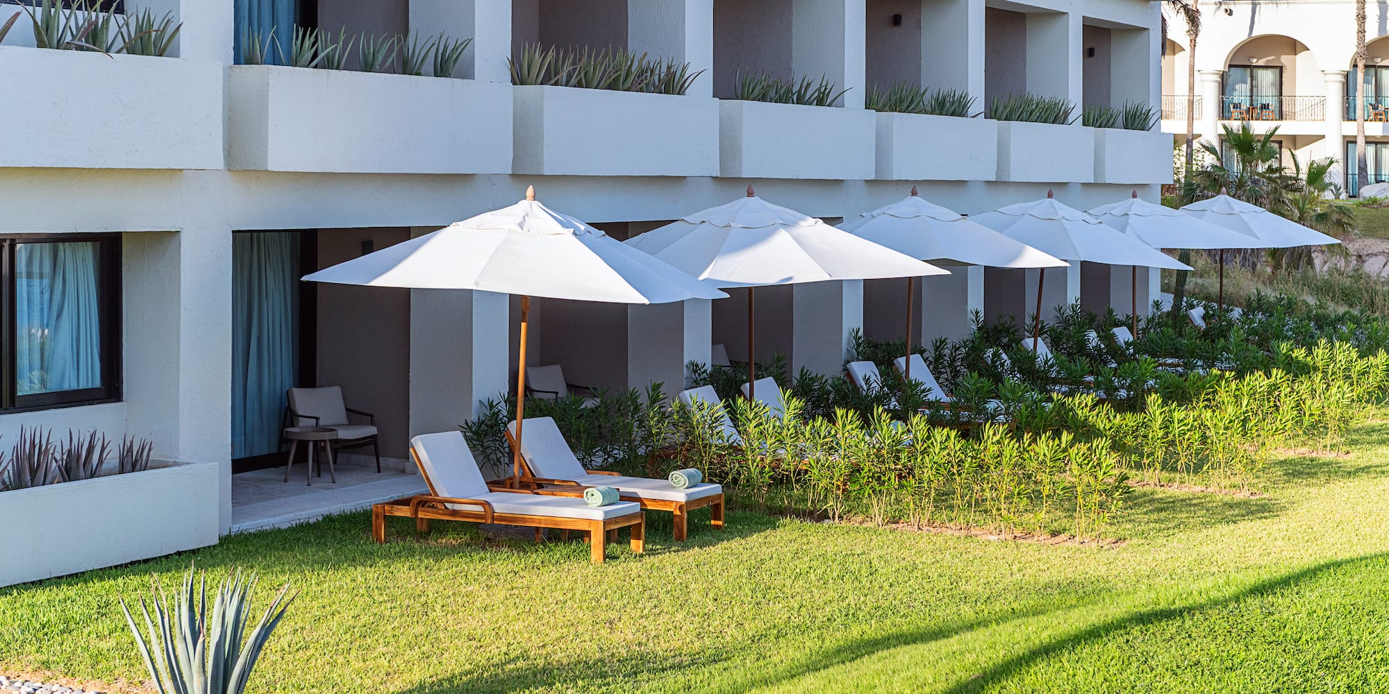 Sunny resort hotel patio, lounge chairs, white umbrellas, and green lawn.