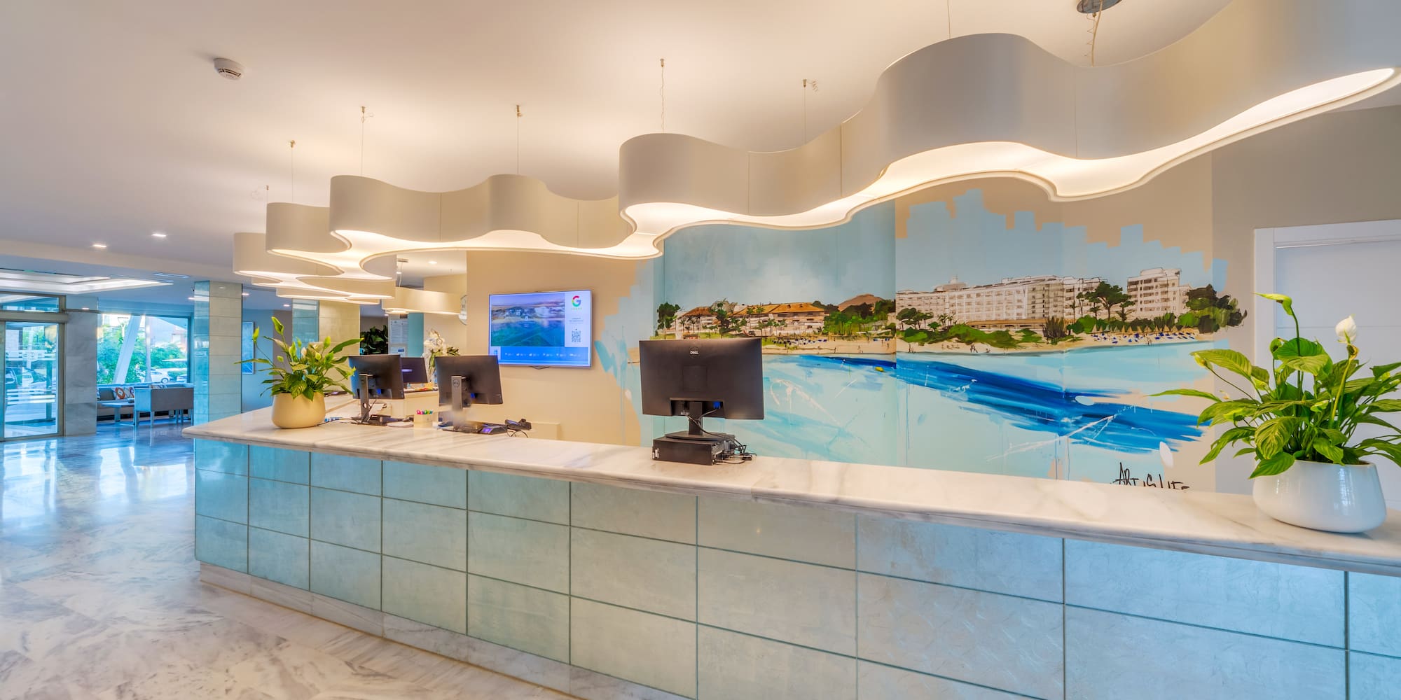 a reception desk in a building