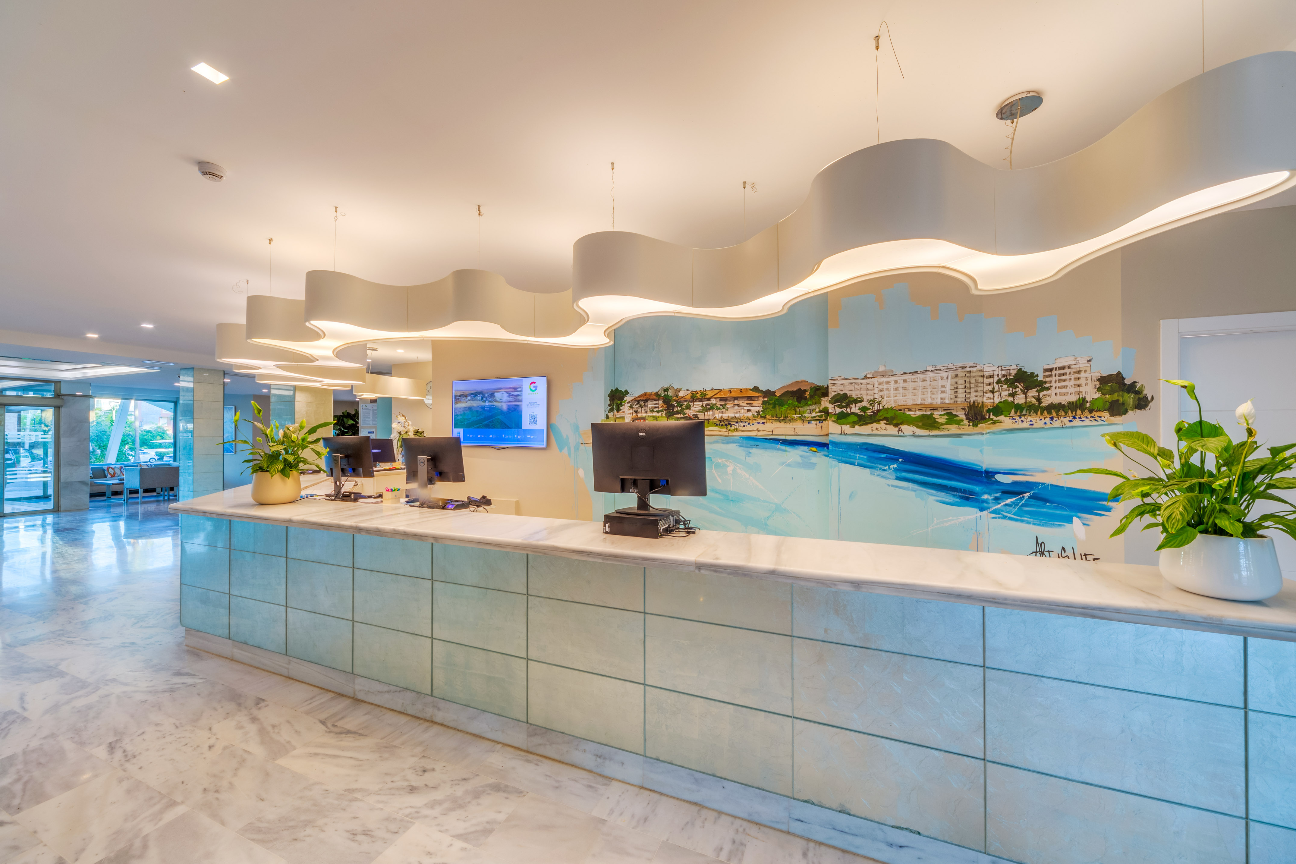 a reception desk in a building