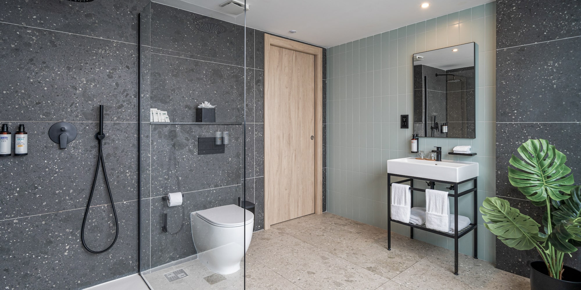 a bathroom with a shower and a toilet