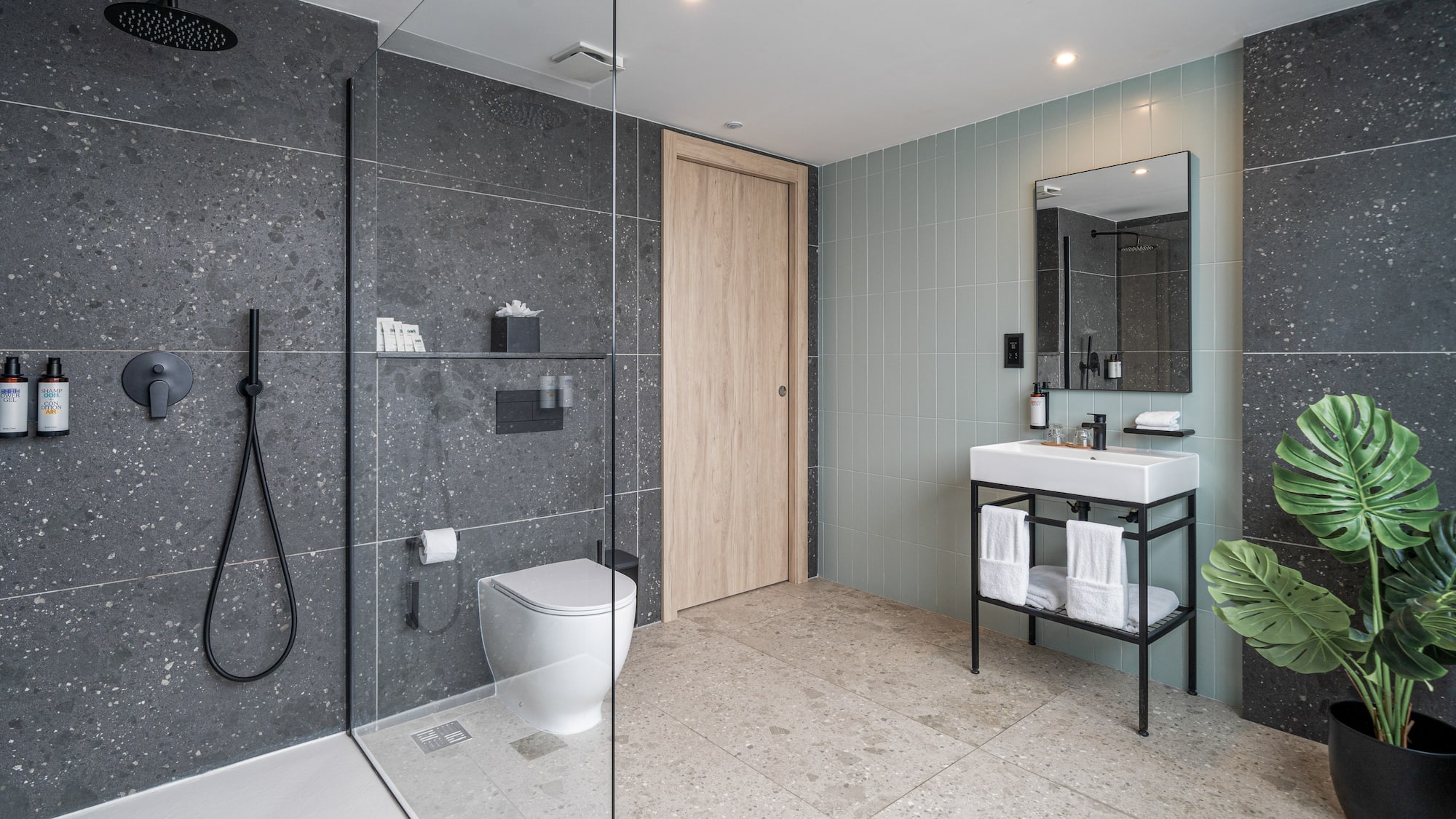 a bathroom with a shower and a toilet
