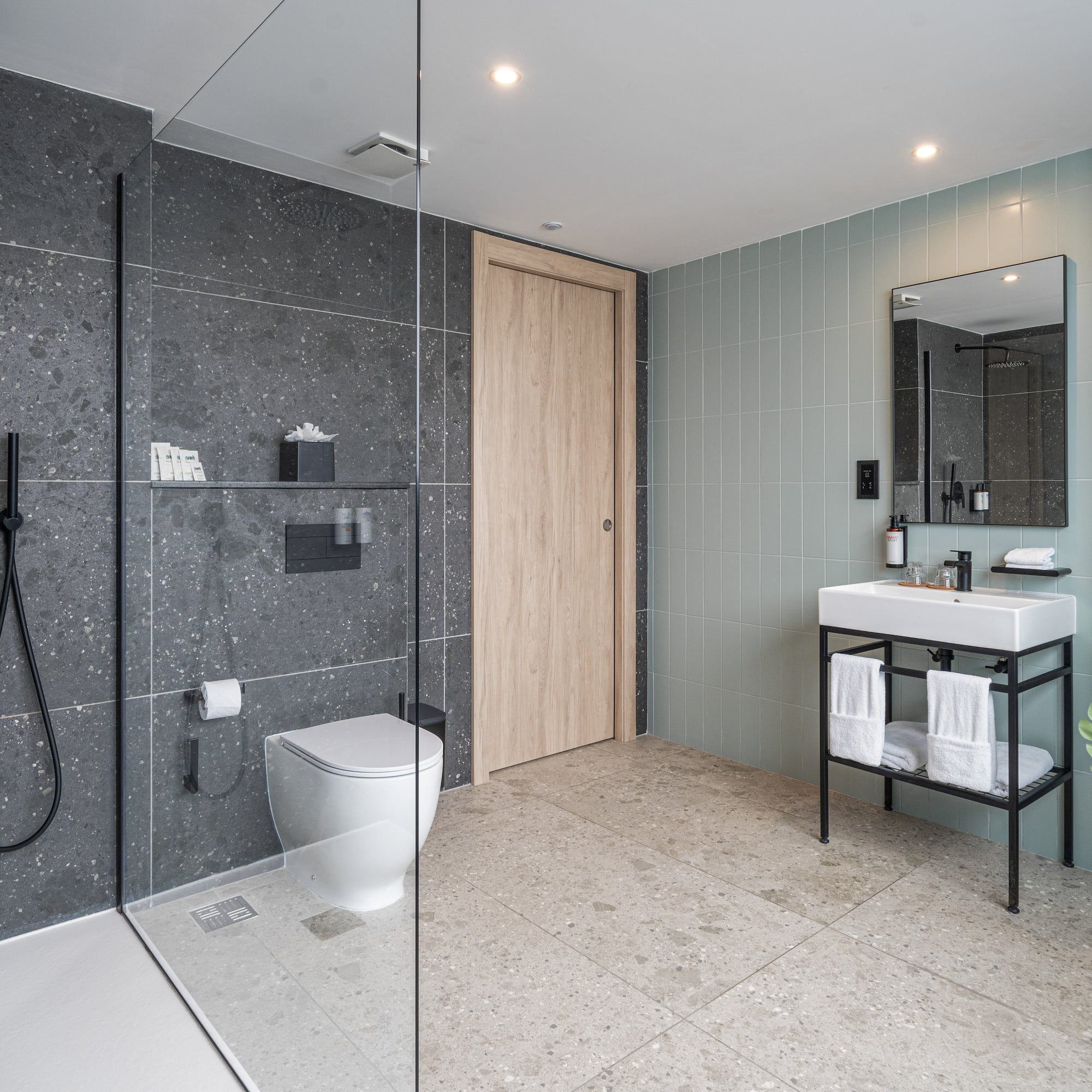 a bathroom with a shower and a toilet