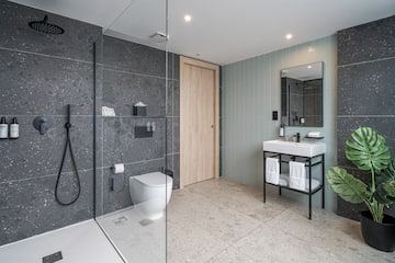a bathroom with a shower and a toilet