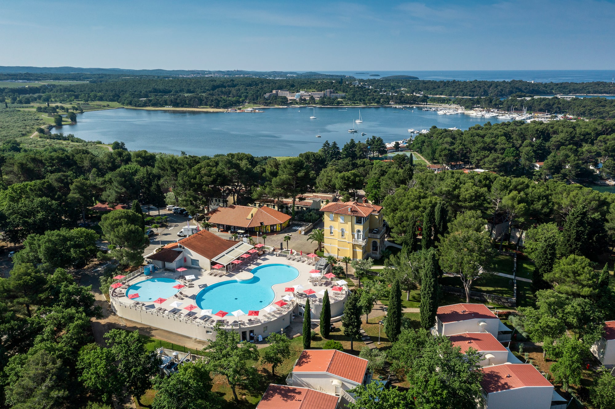 a pool and trees by a body of water