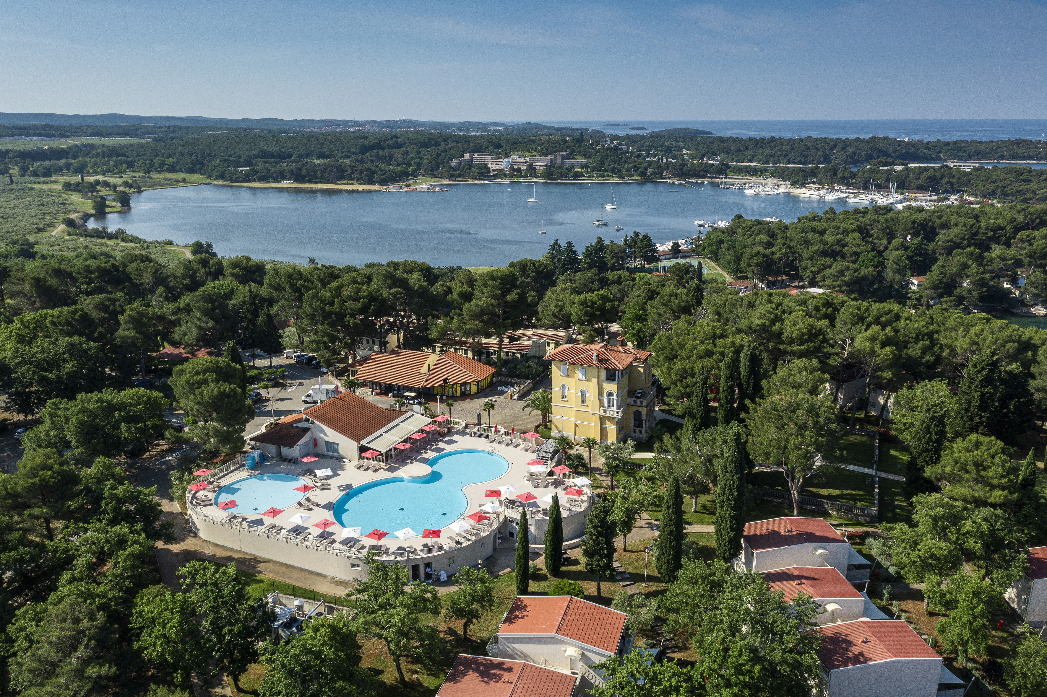a pool and trees by a body of water