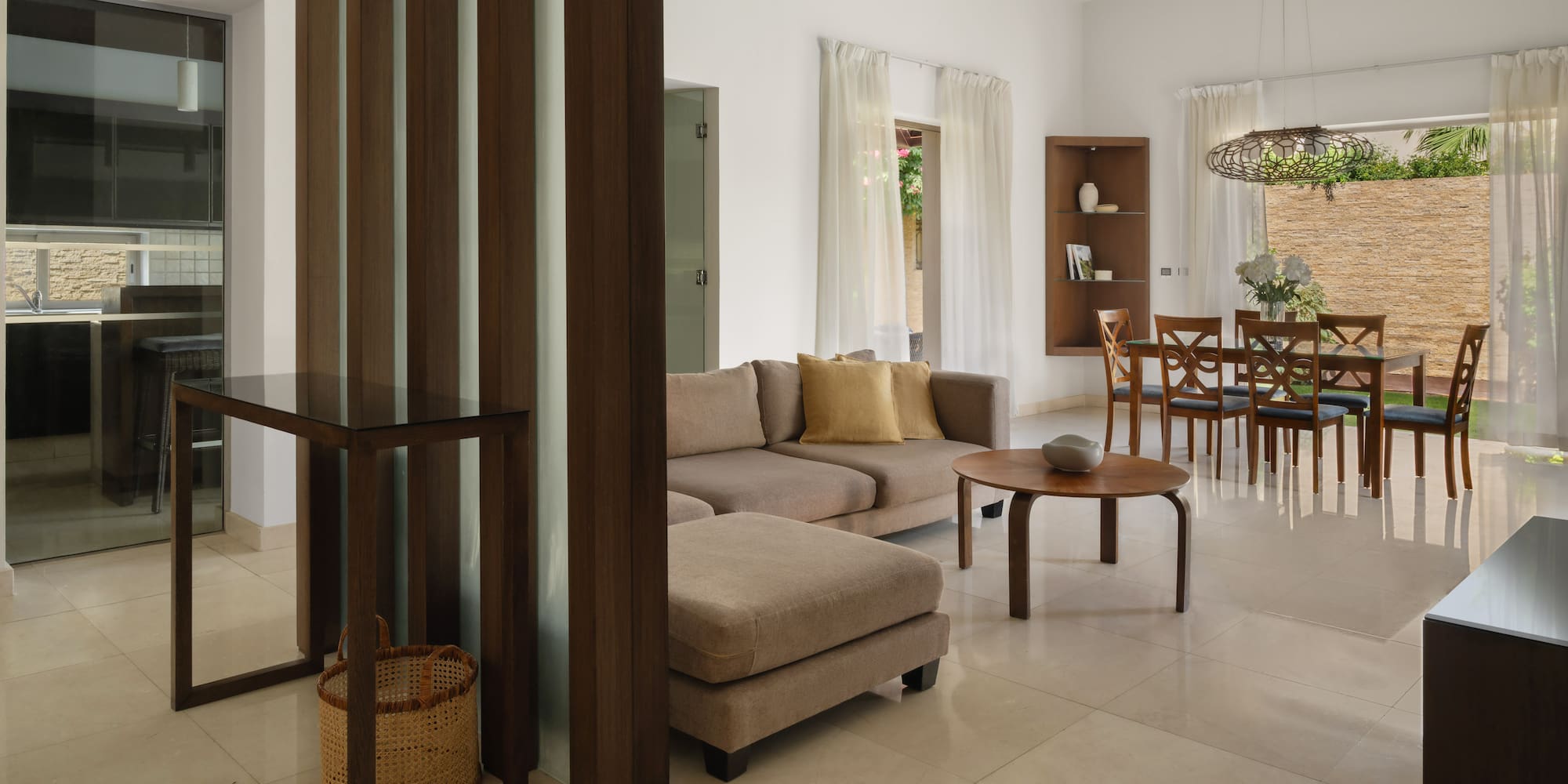 a living room with a couch and a table