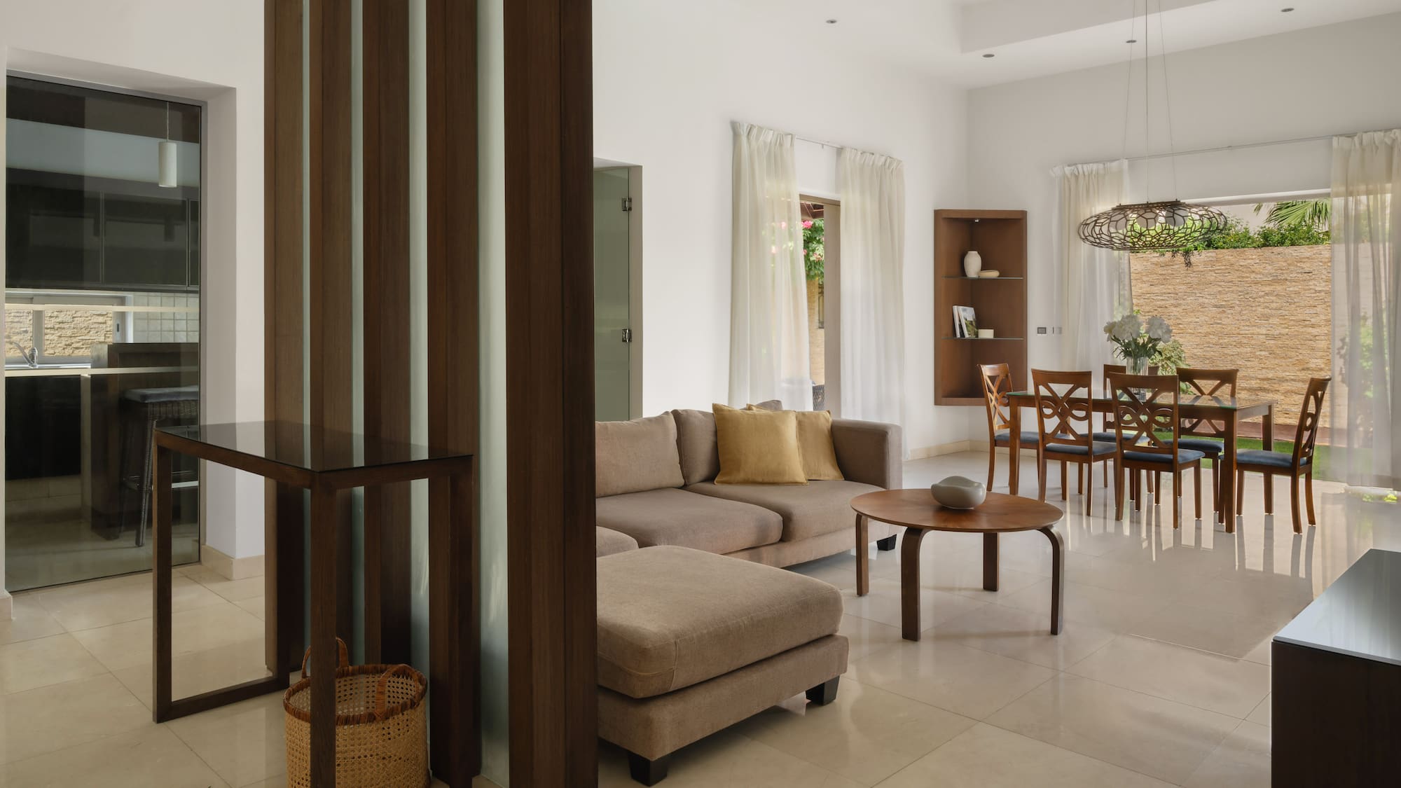 a living room with a couch and a table