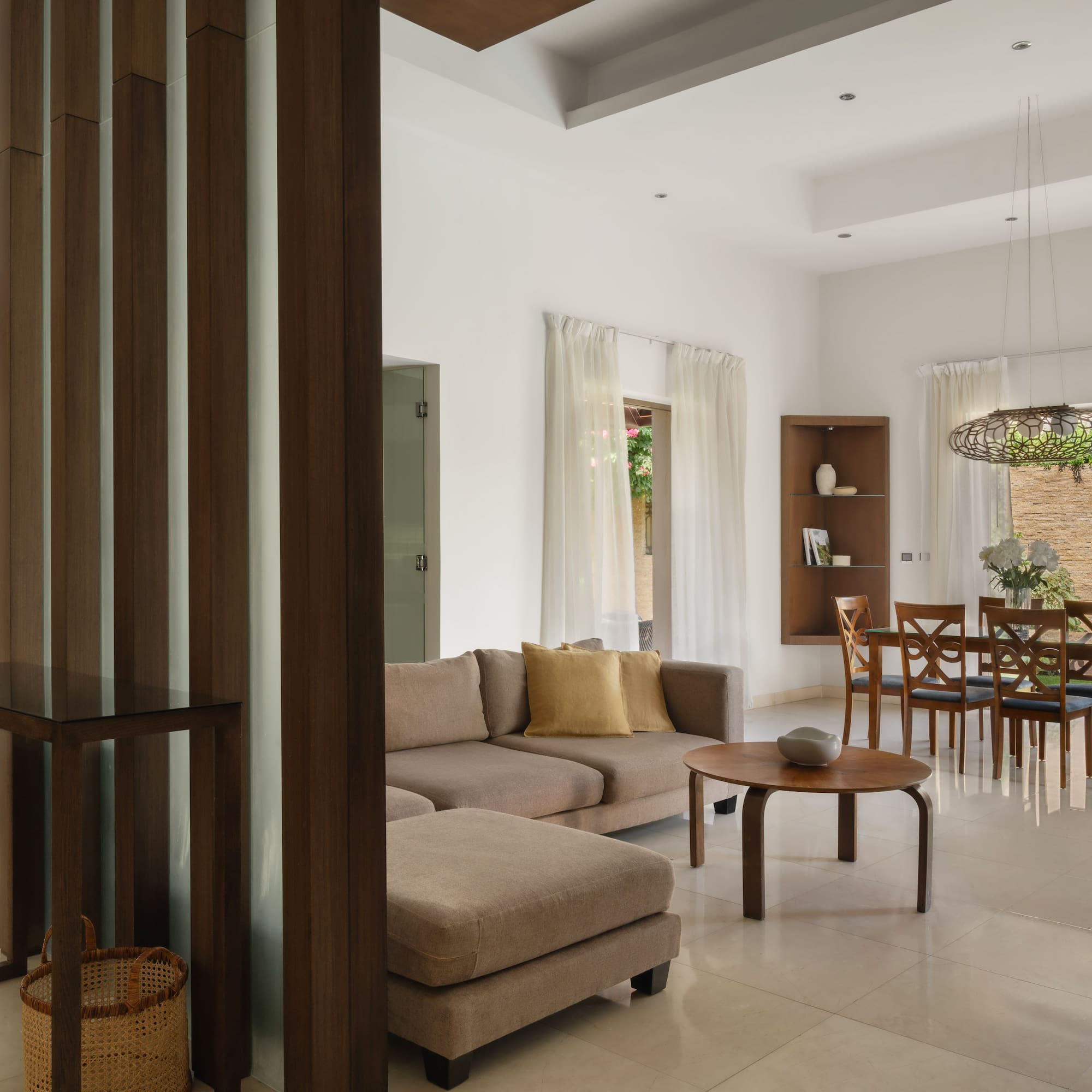 a living room with a couch and a table