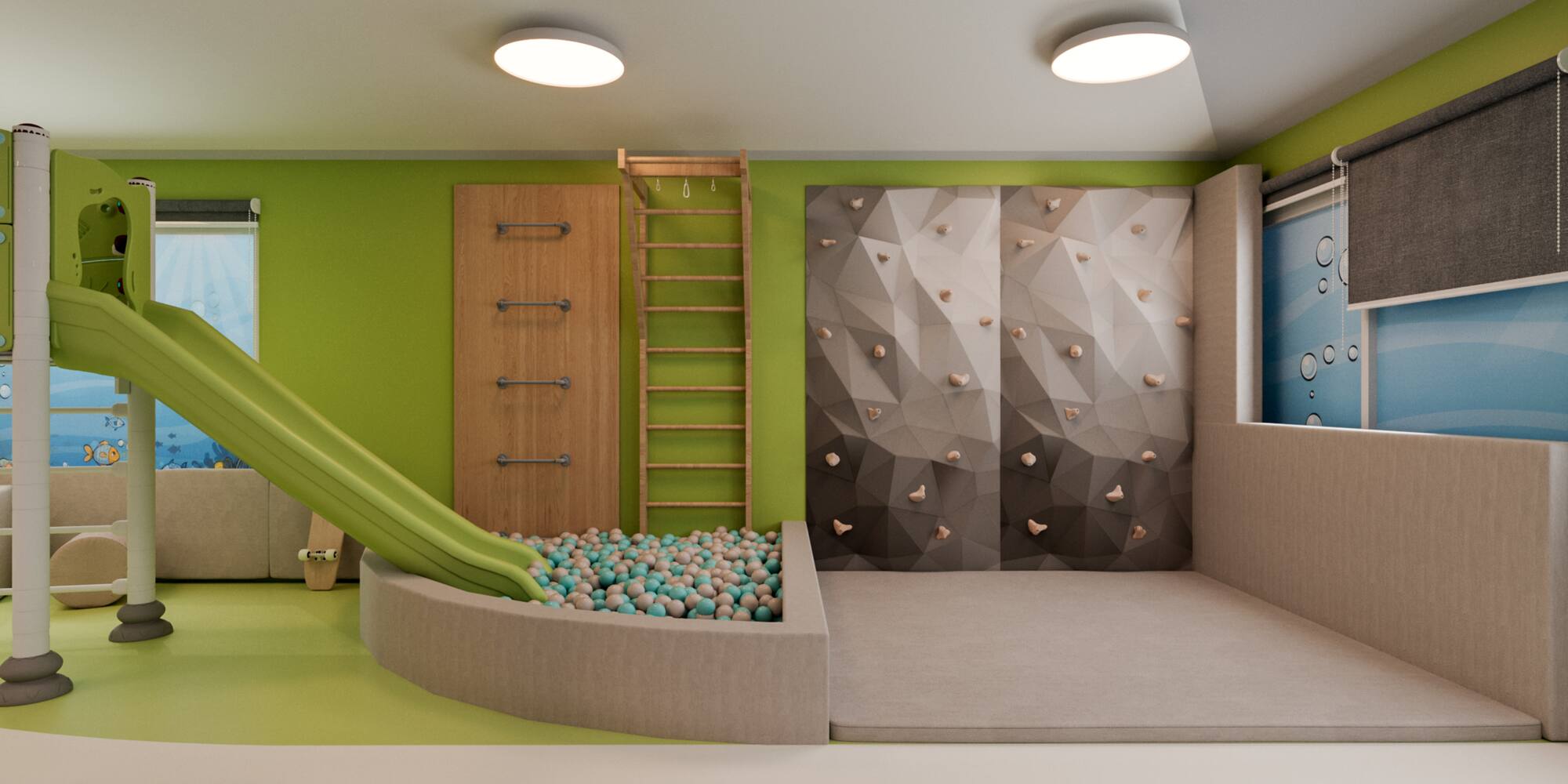 a room with a slide and a rock wall