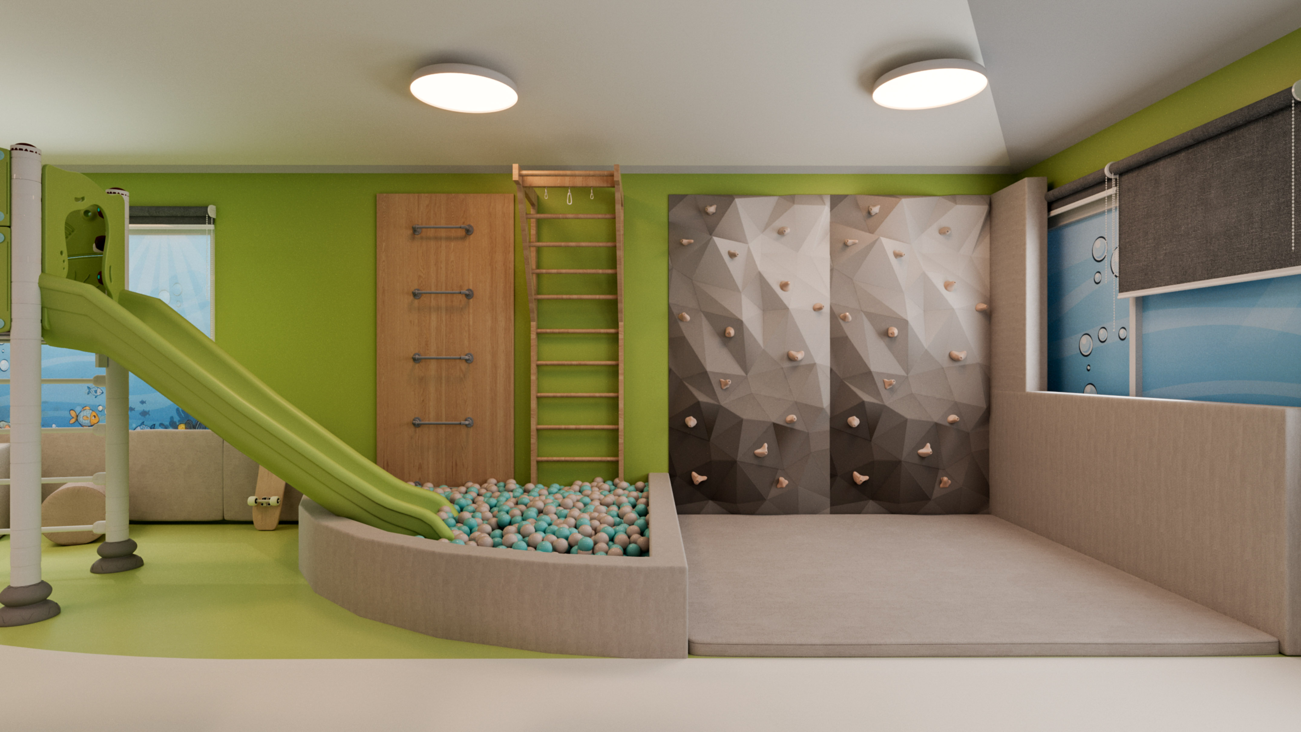 a room with a slide and a rock wall