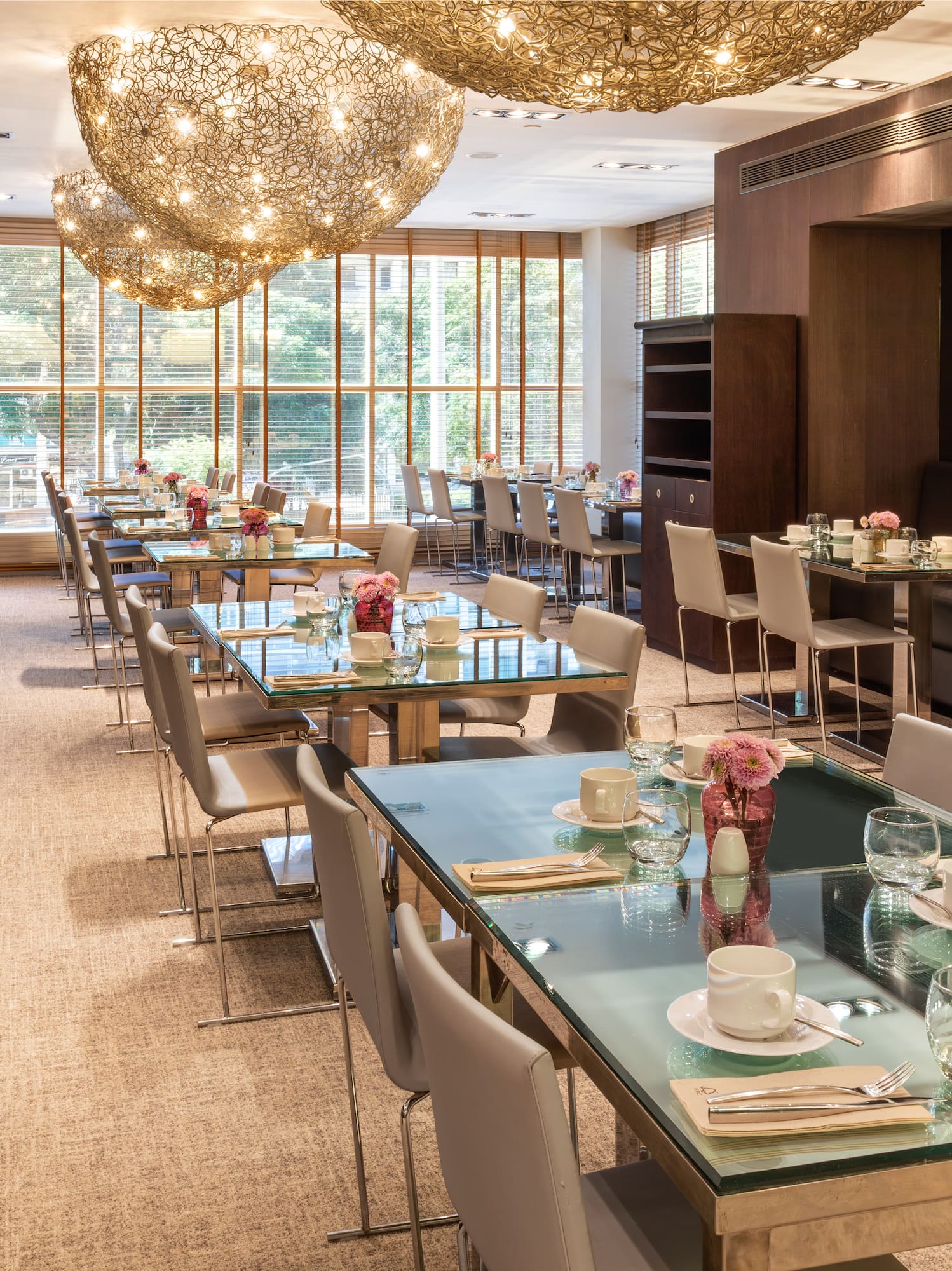 a room with tables and chairs