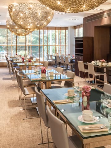 a room with tables and chairs