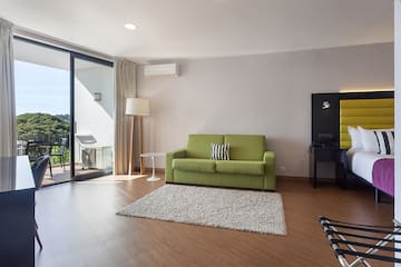 a living room with a green couch and a rug