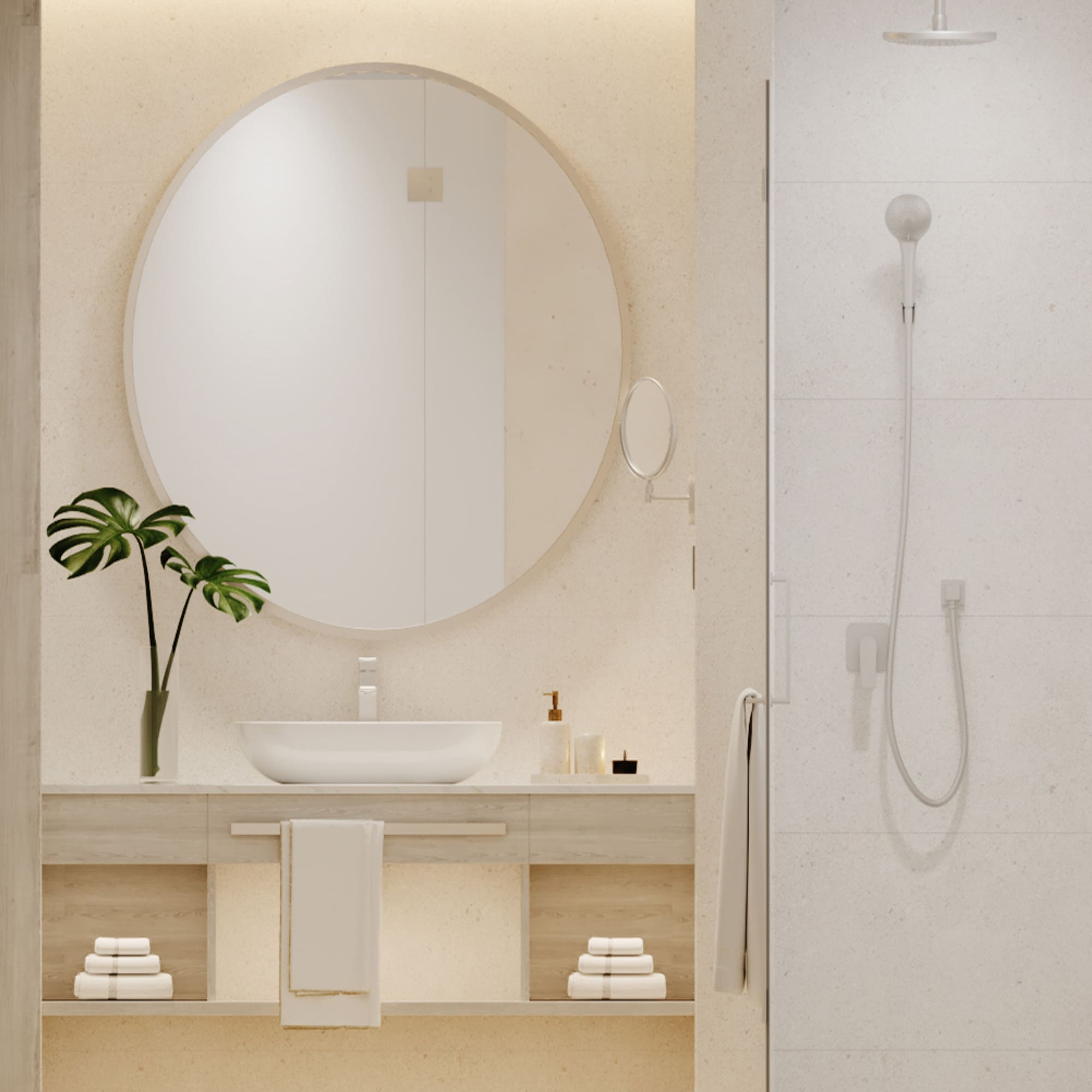 Minimalist bathroom with round mirror, wood vanity, plant decor, and shower.