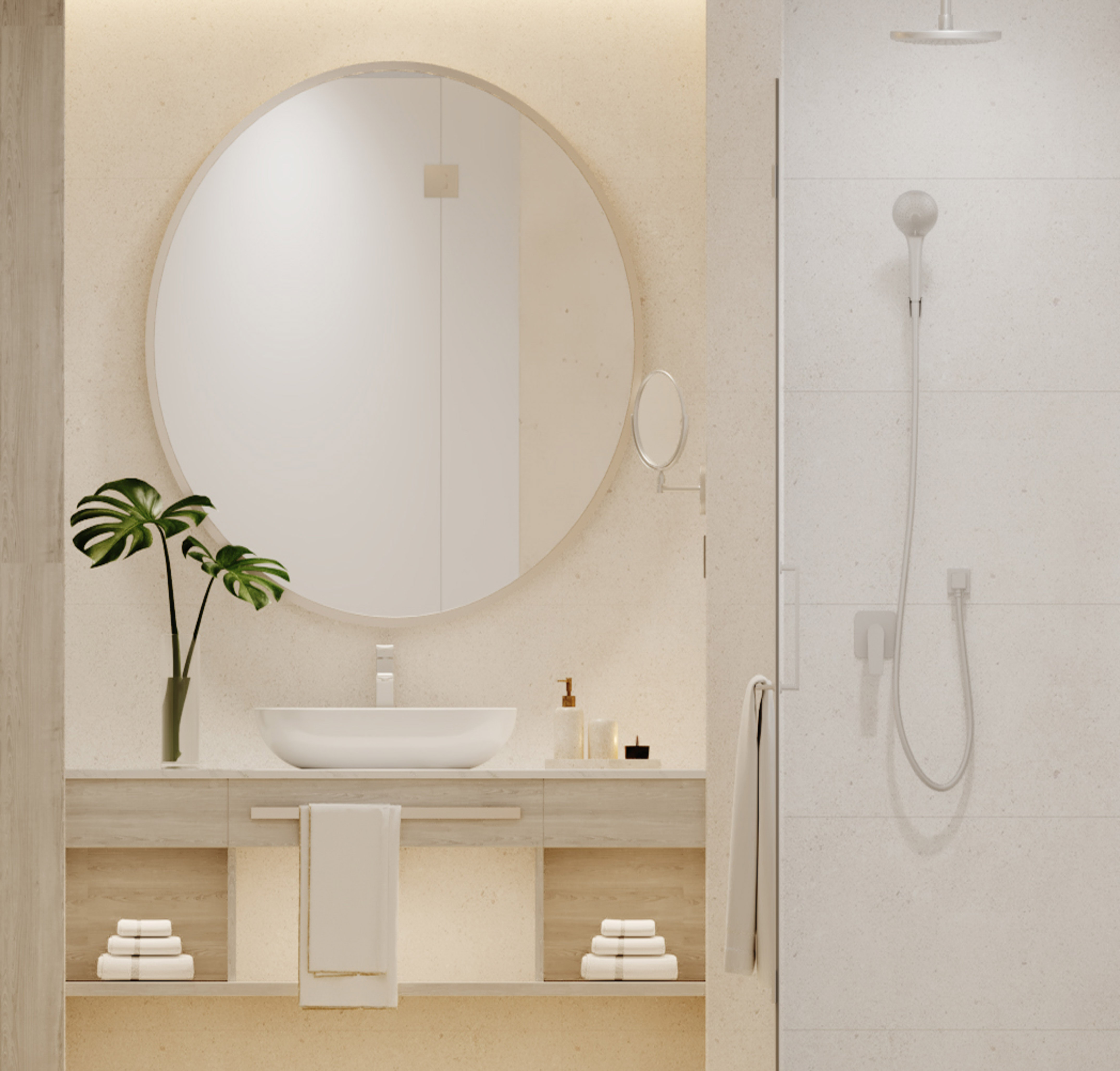 Minimalist bathroom with round mirror, wood vanity, plant decor, and shower.