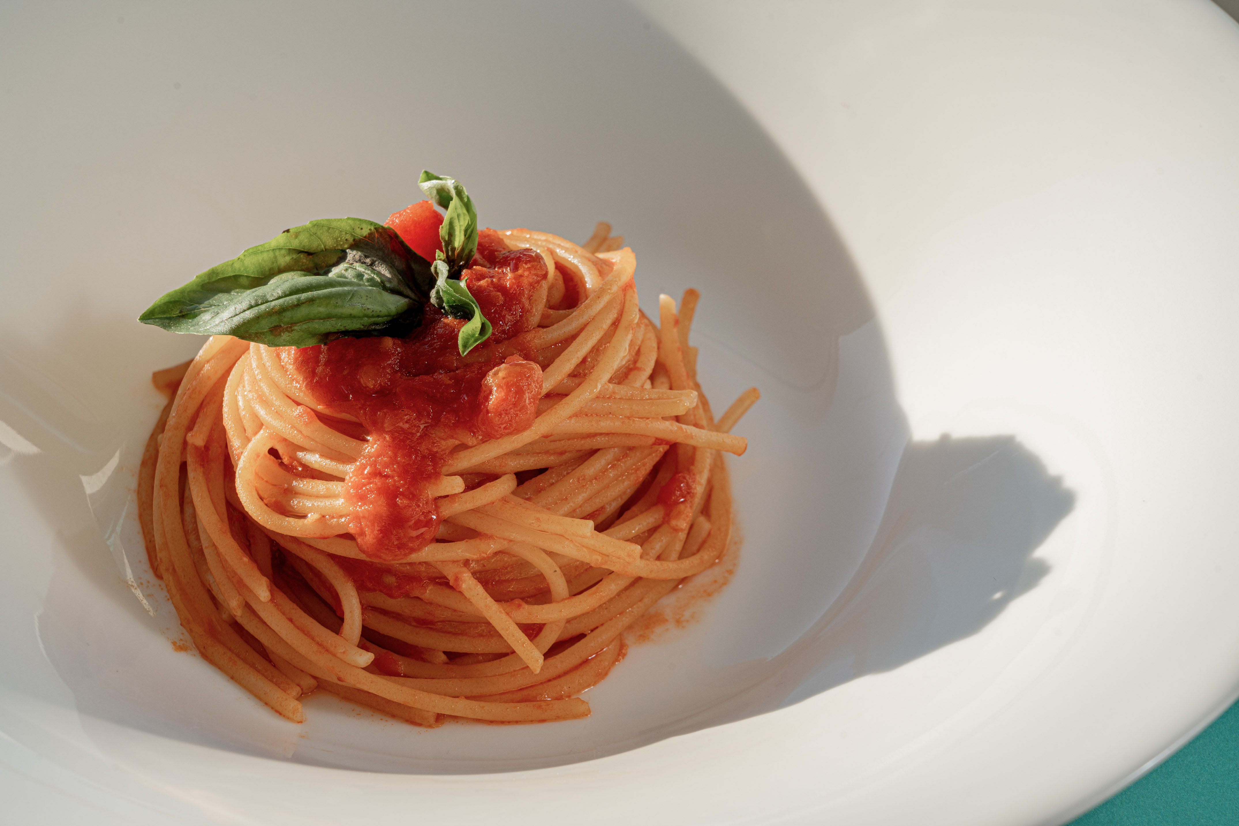 Spaghetti with chunky tomato sauce and fresh basil leaf.