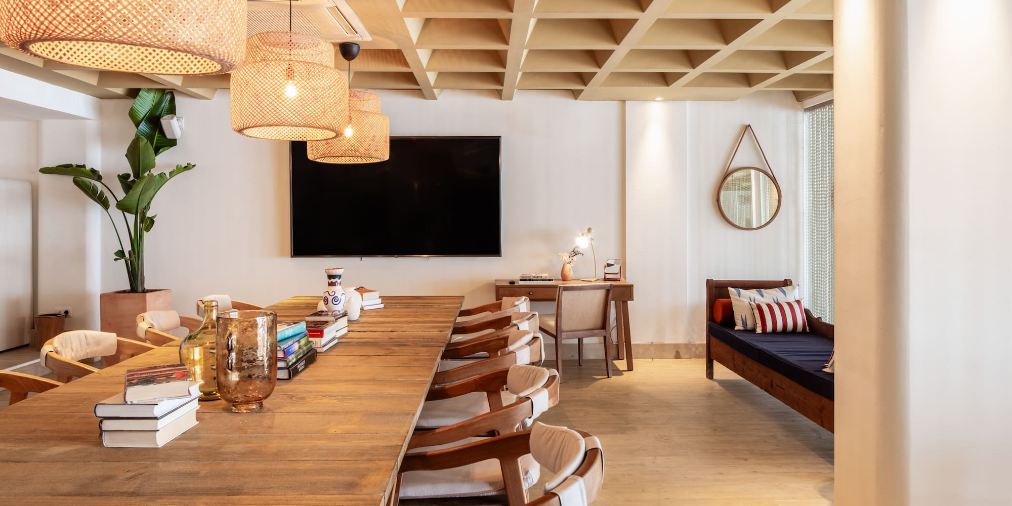 a room with a table and chairs