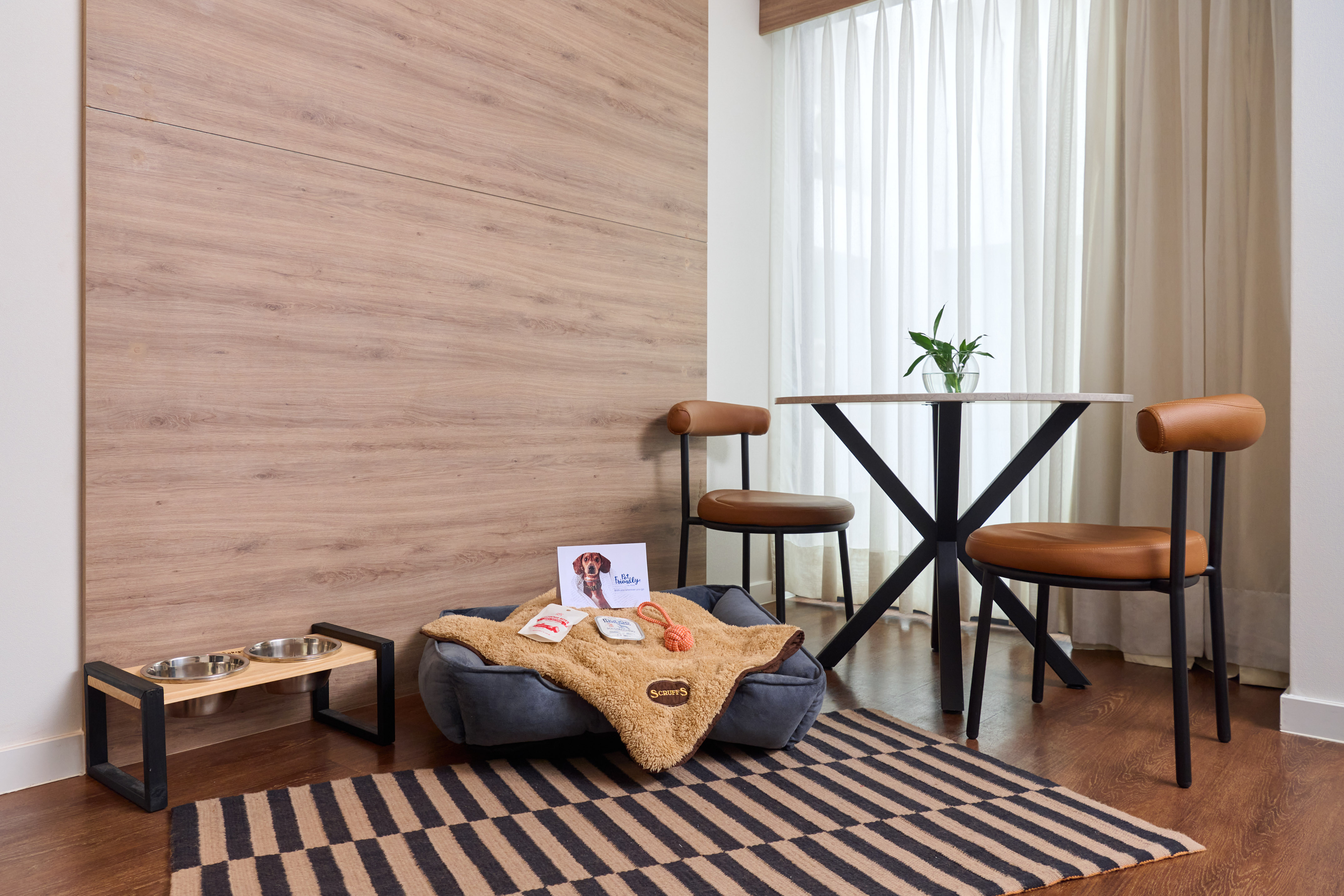 Modern pet-friendly room featuring dog bed, food bowls, and welcome kit.
