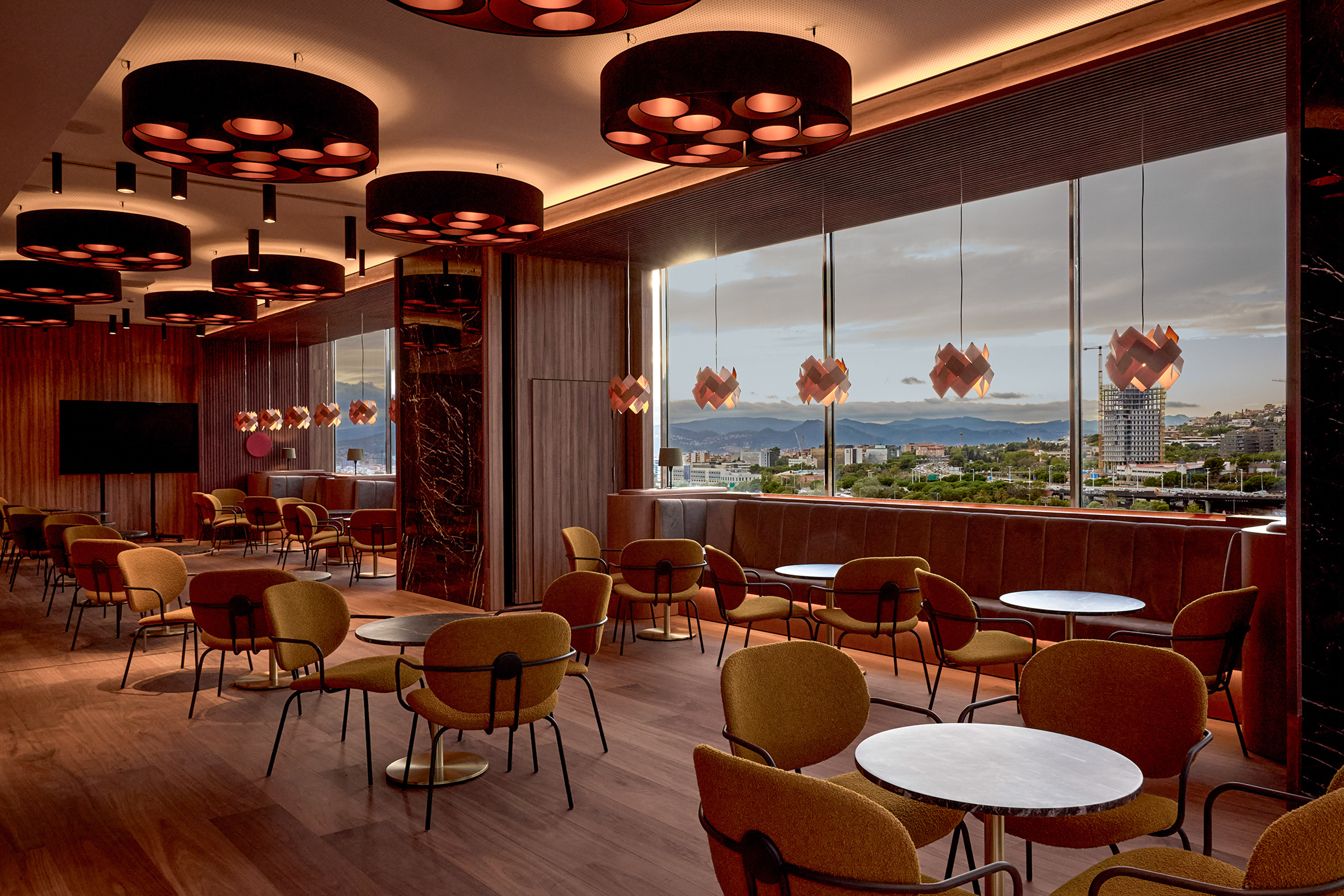 a room with tables and chairs