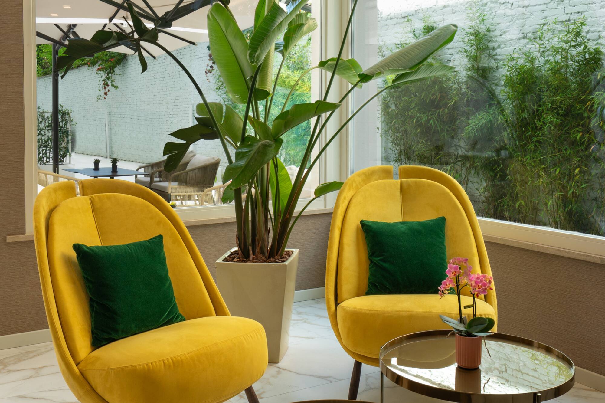 Bright lounge with yellow velvet chairs, green plant, and round coffee tables.