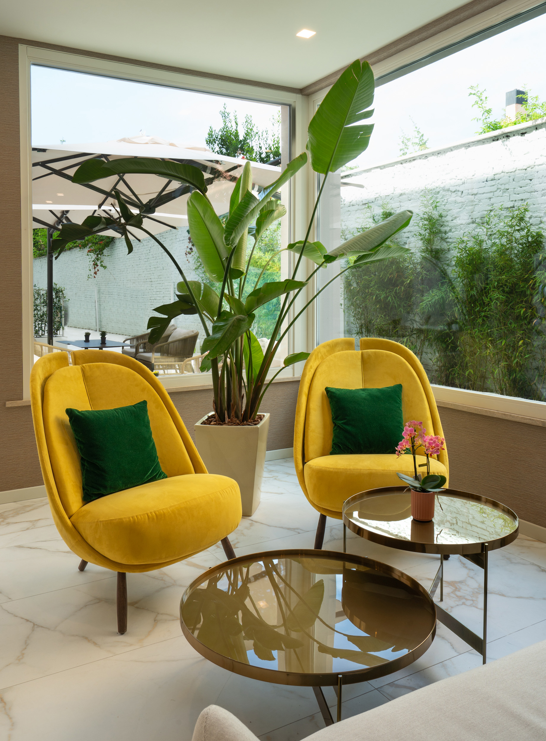 Bright lounge with yellow velvet chairs, green plant, and round coffee tables.