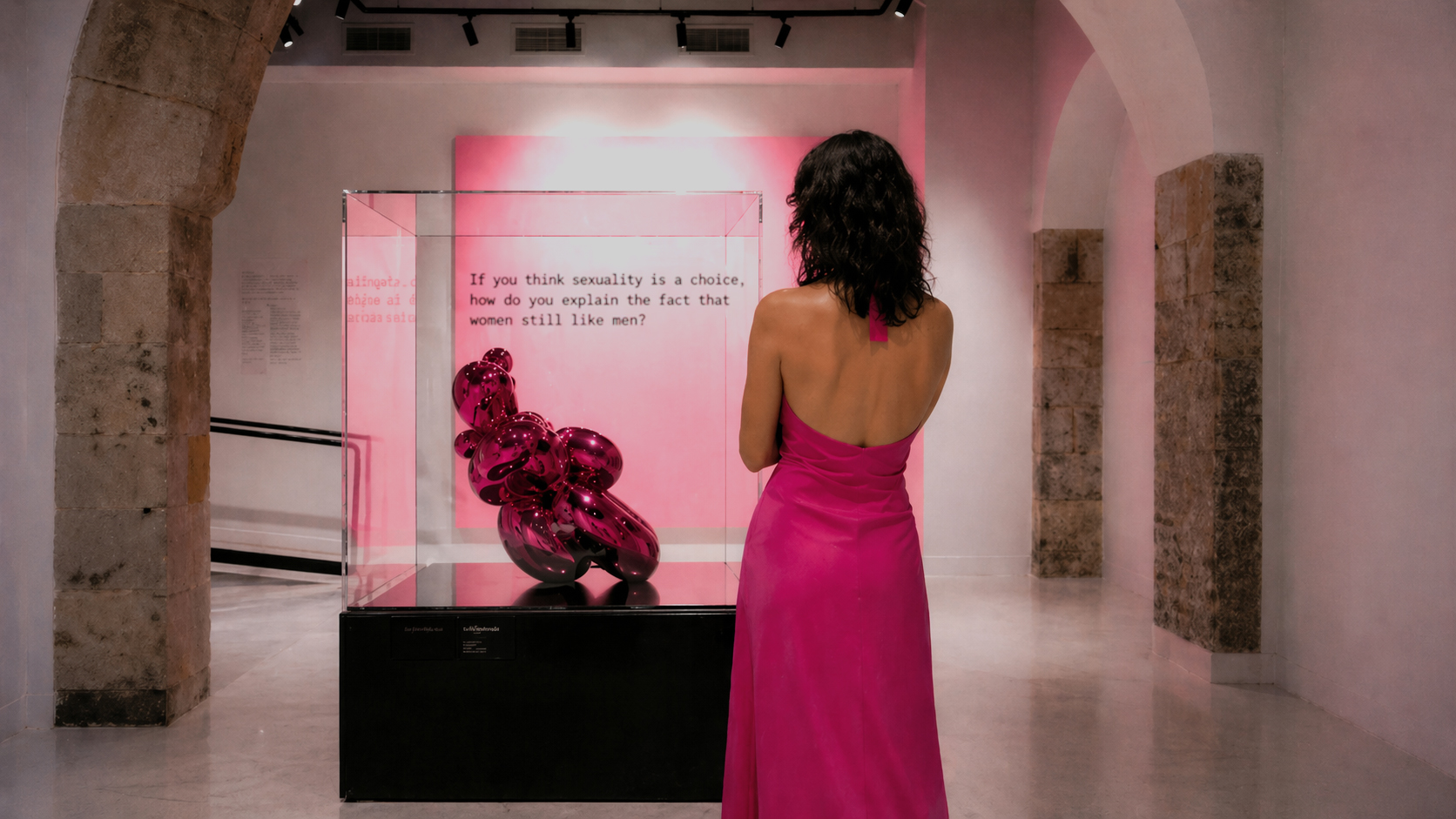 Mujer con vestido rosa contempla una escultura brillante en galería.