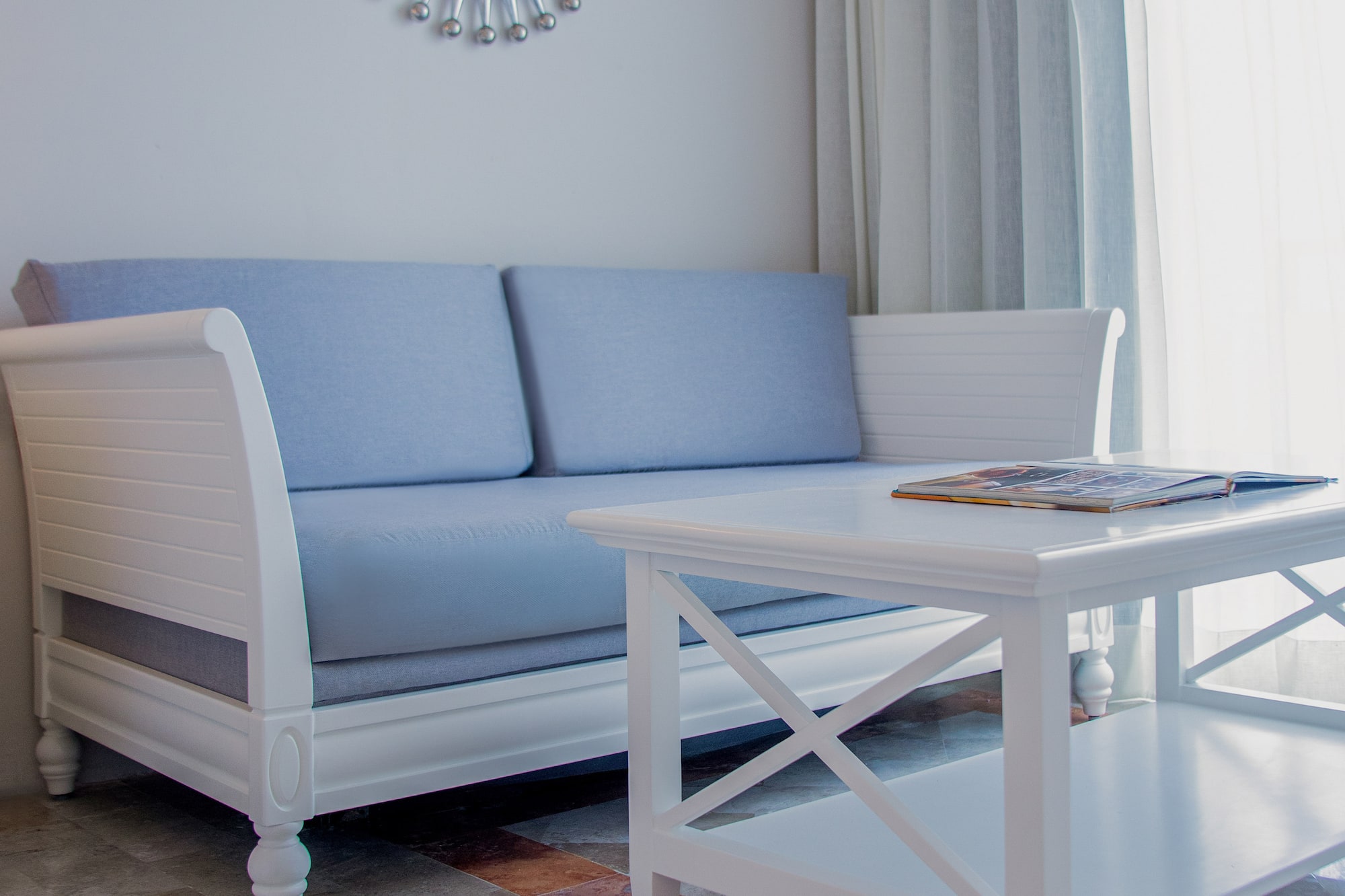 a couch and coffee table in a room