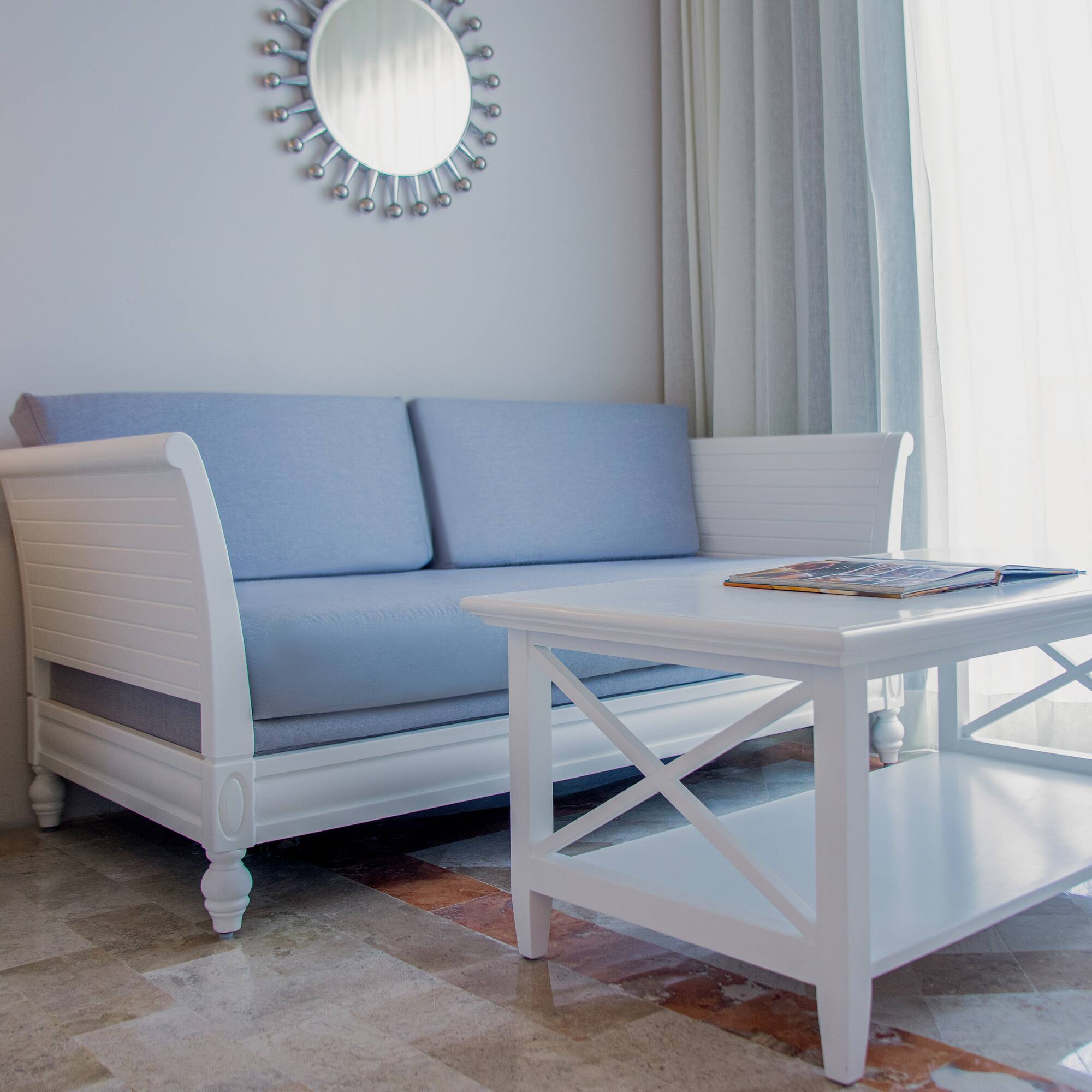 a couch and coffee table in a room