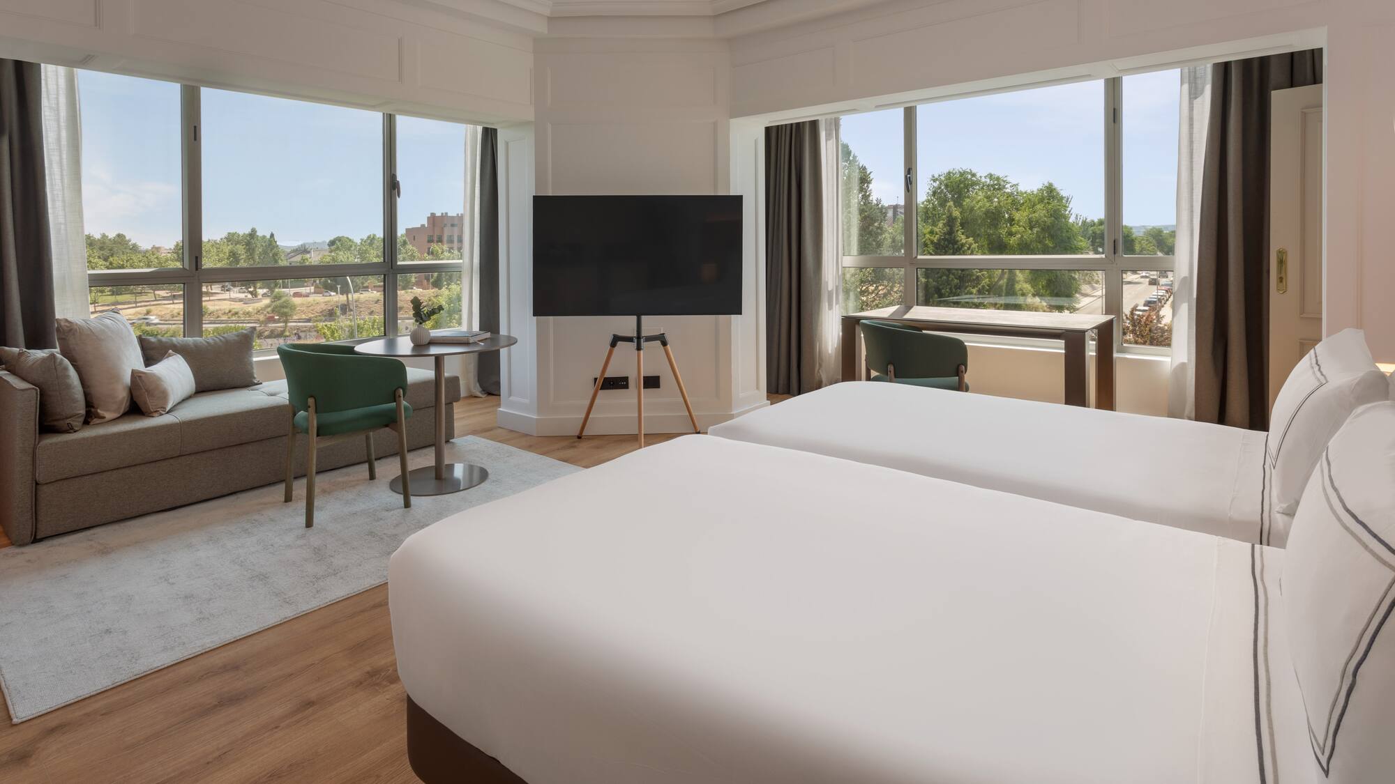 a room with two beds and a television