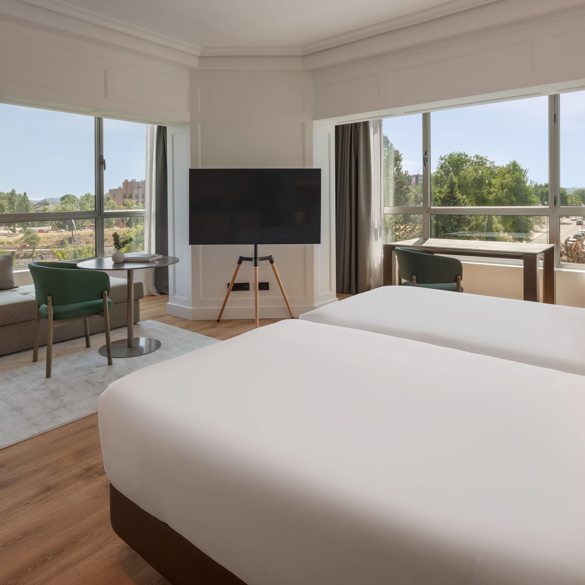 a room with two beds and a television