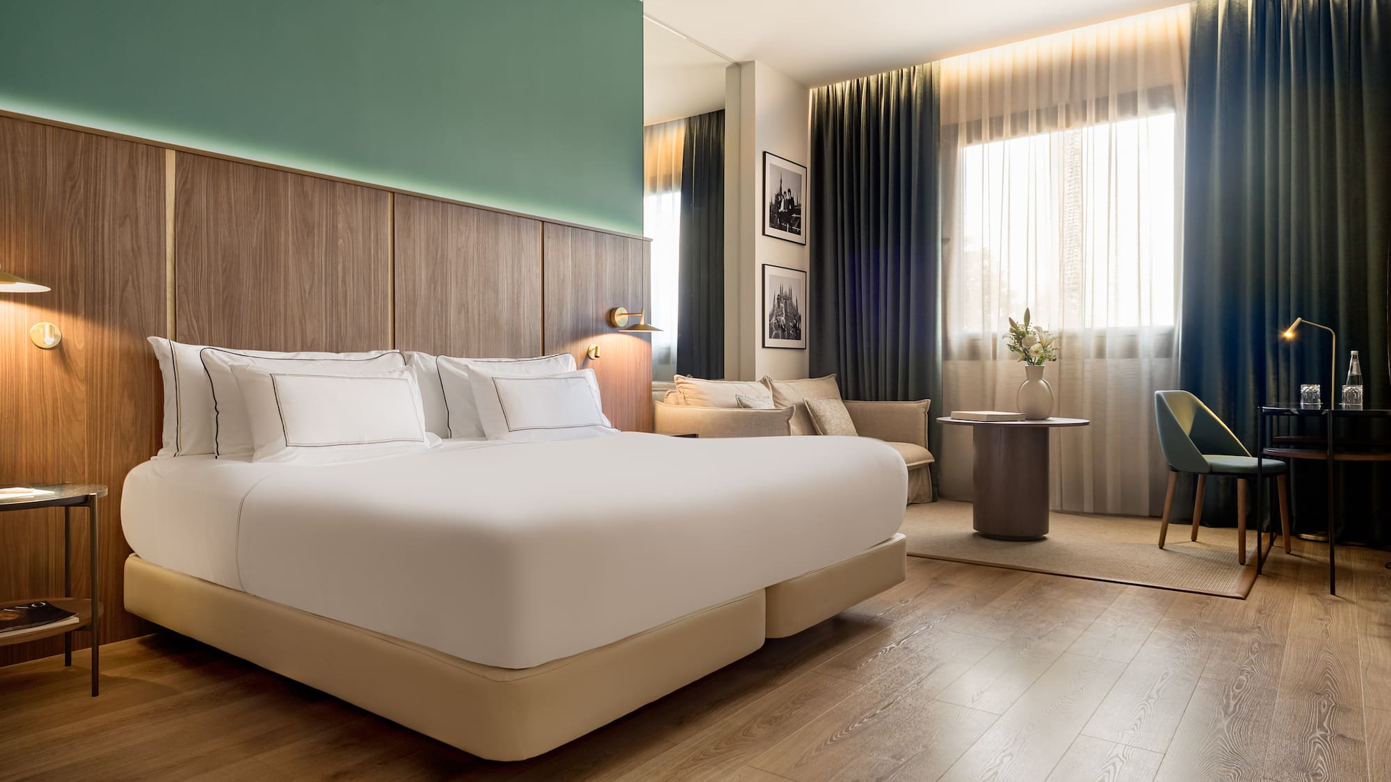 a room with a bed and a table