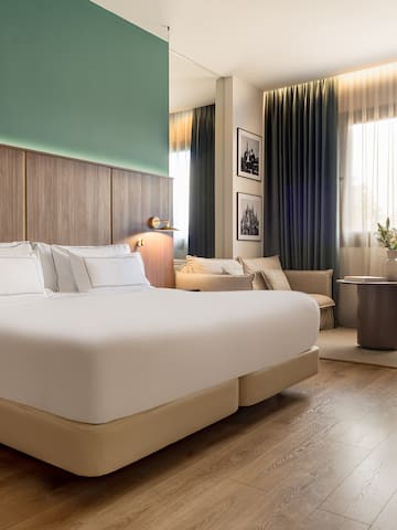 a room with a bed and a table