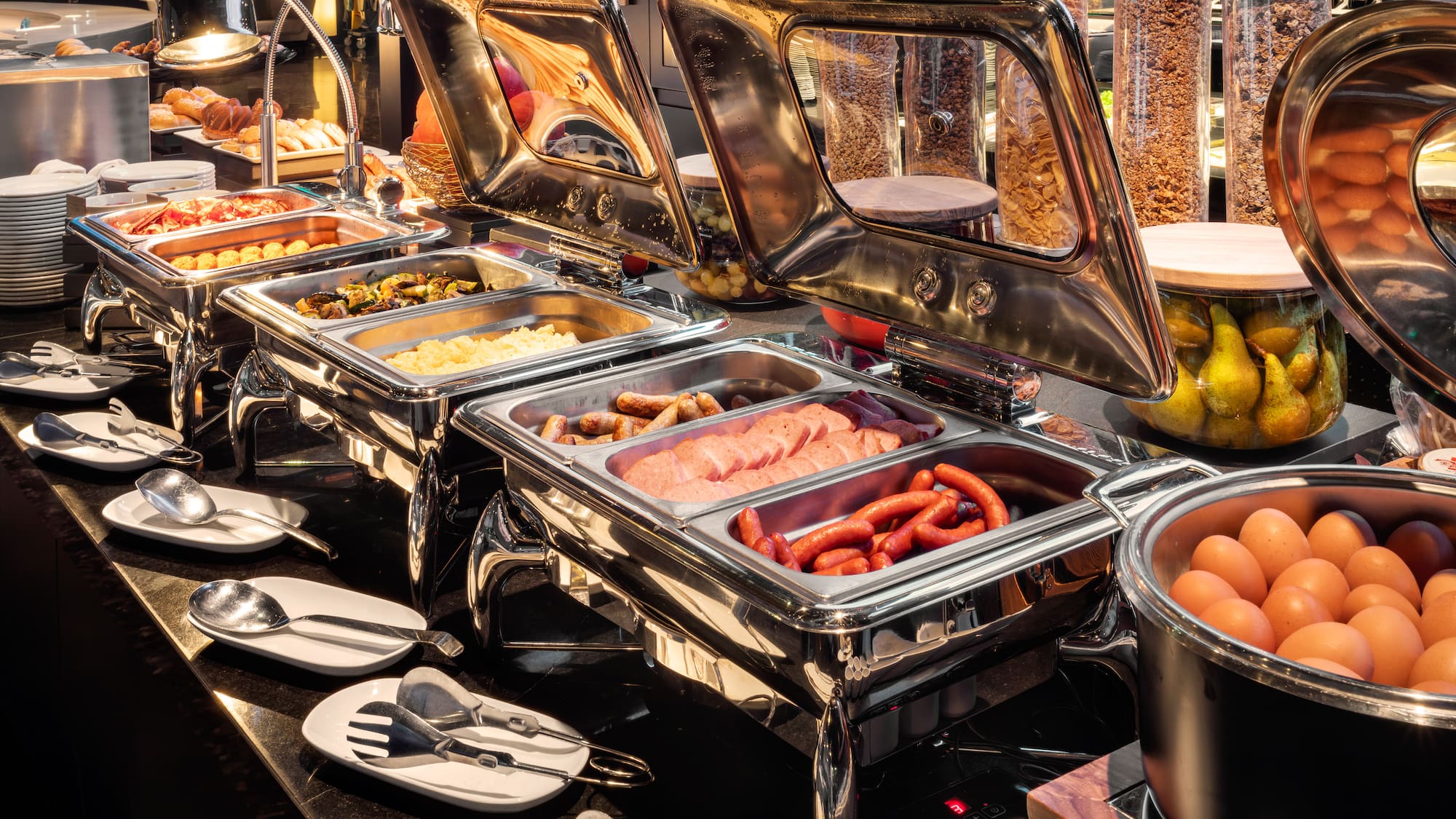 a buffet with food in it