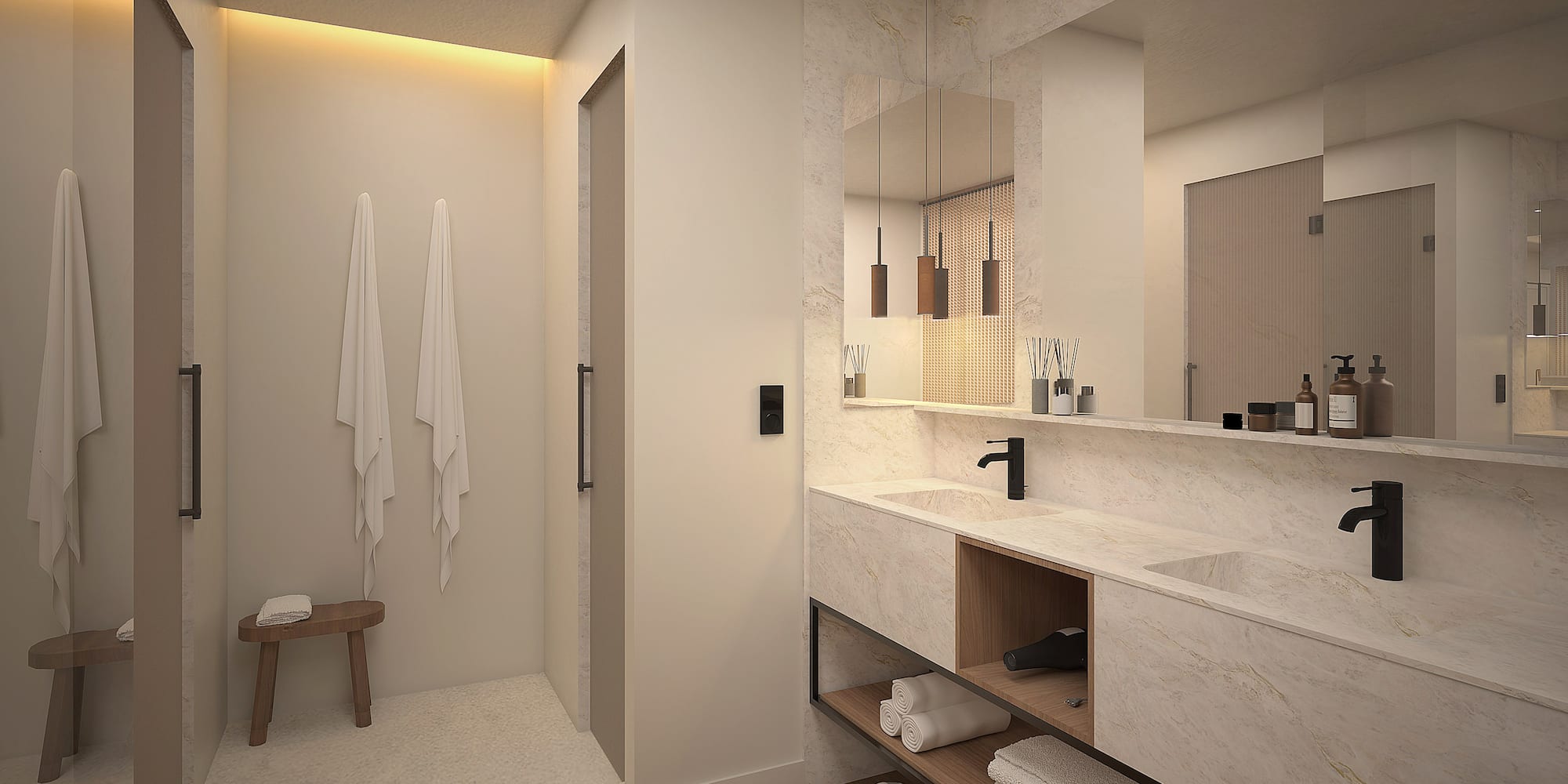 Modernes Badezimmer mit Doppelwaschbecken, Holzboden und indirekter Beleuchtung.