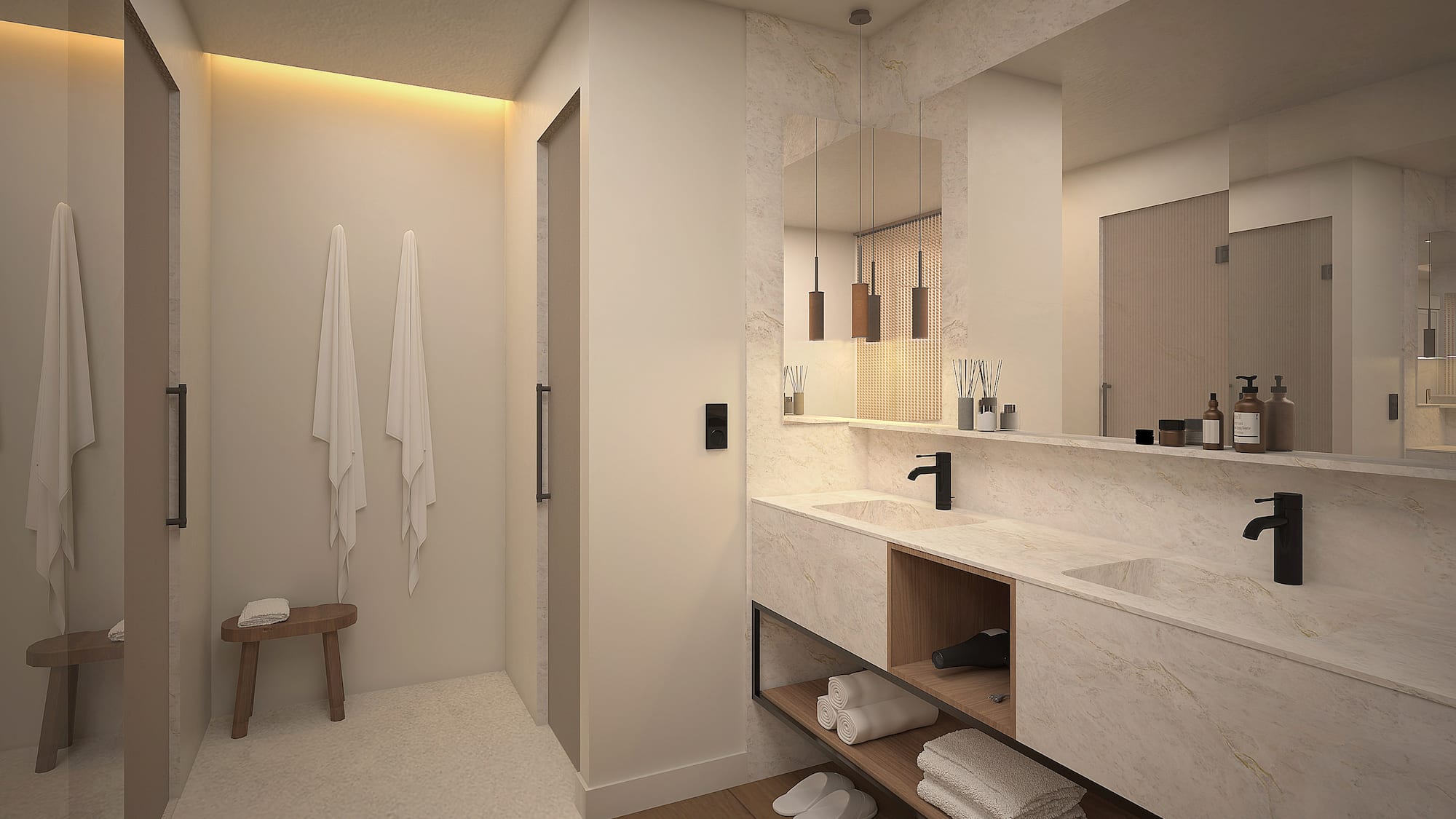Salle de bain moderne et lumineuse avec double vasque en marbre et douche. - Suite - Hotel Golf Santa Ponsa Meliá Collection, Majorque