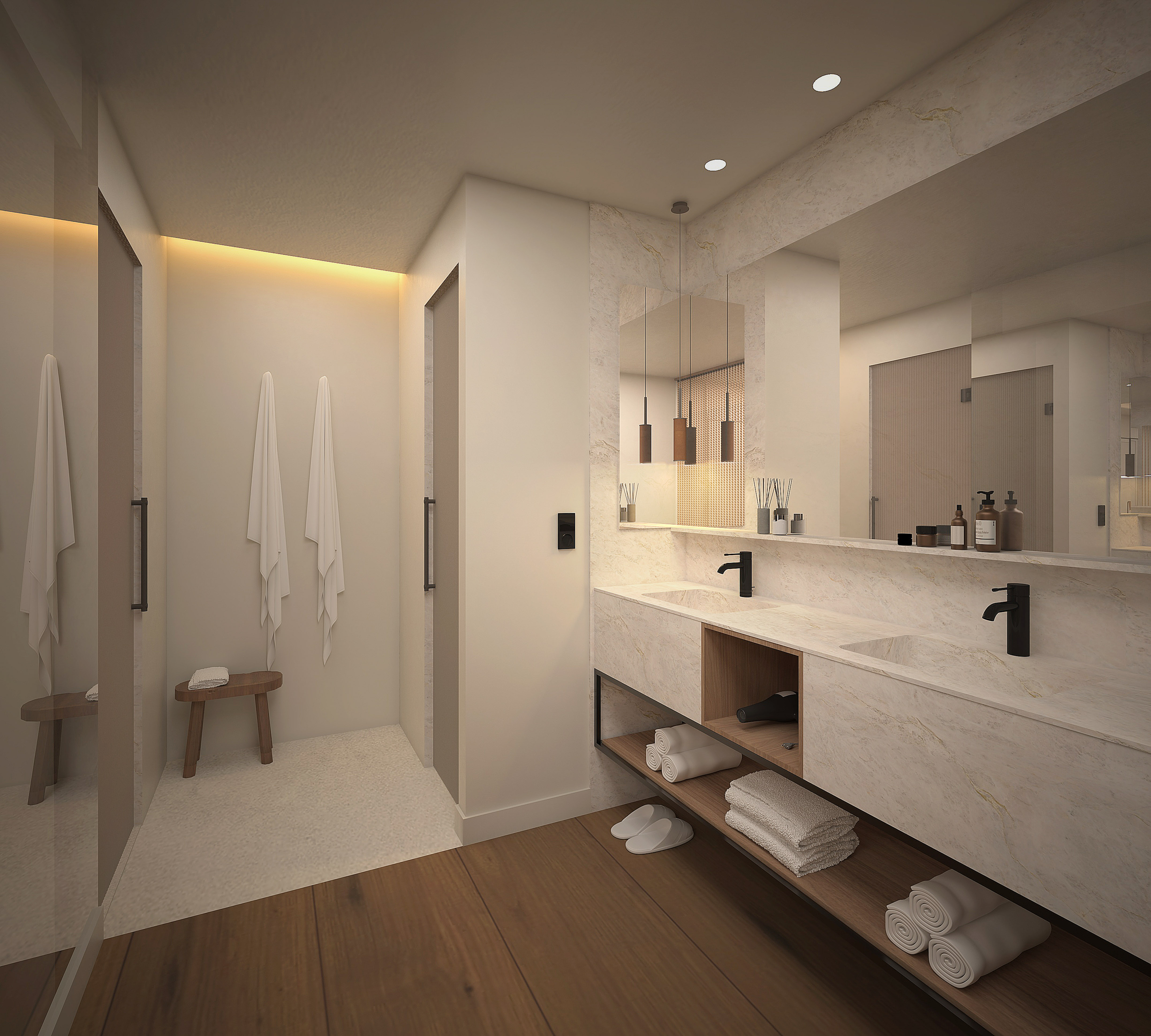 تصميم داخلي لحمام عصري أنيق بحوضين مزدوجين ومغاسل رخامية مع إضاءة دافئة. - Suite - Hotel Golf Santa Ponsa Meliá Collection, مايوركا