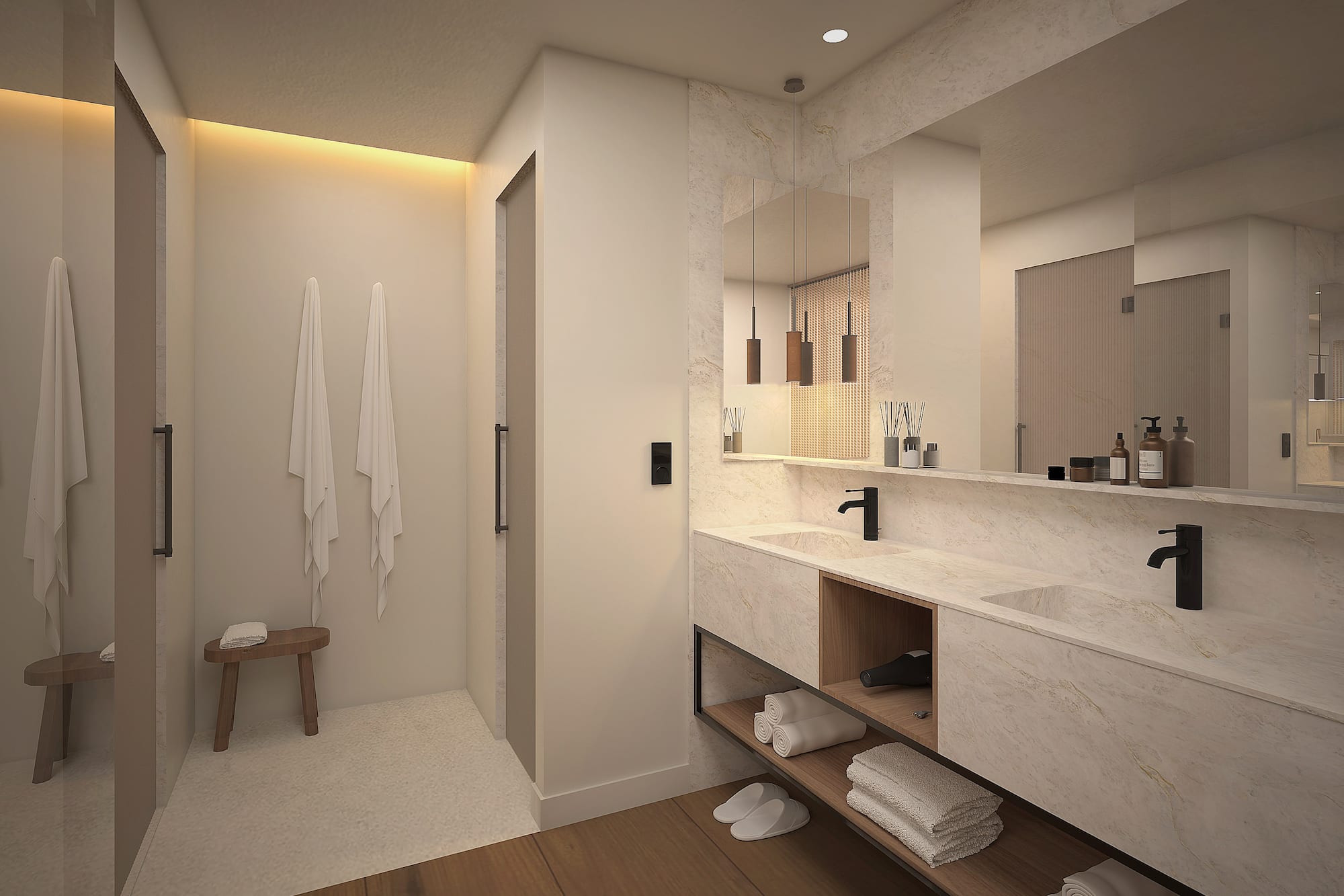 Baño moderno de diseño minimalista con doble lavabo y madera. - Suite son Solárium Panorámica - Hotel Golf Santa Ponsa Meliá Collection, Mallorca