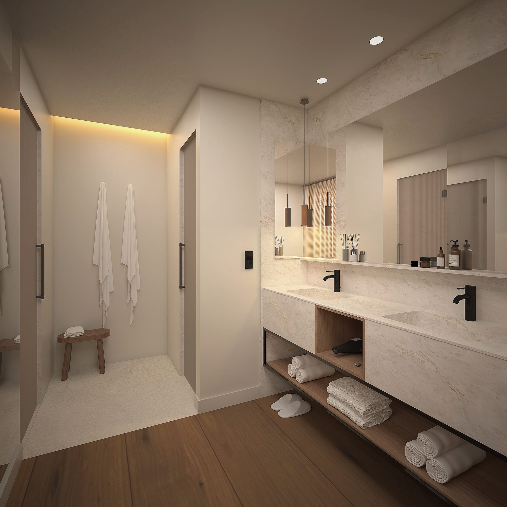 Modernes Badezimmer mit Doppelwaschbecken und integrierter Sauna. - Suite - Hotel Golf Santa Ponsa Meliá Collection, Mallorca