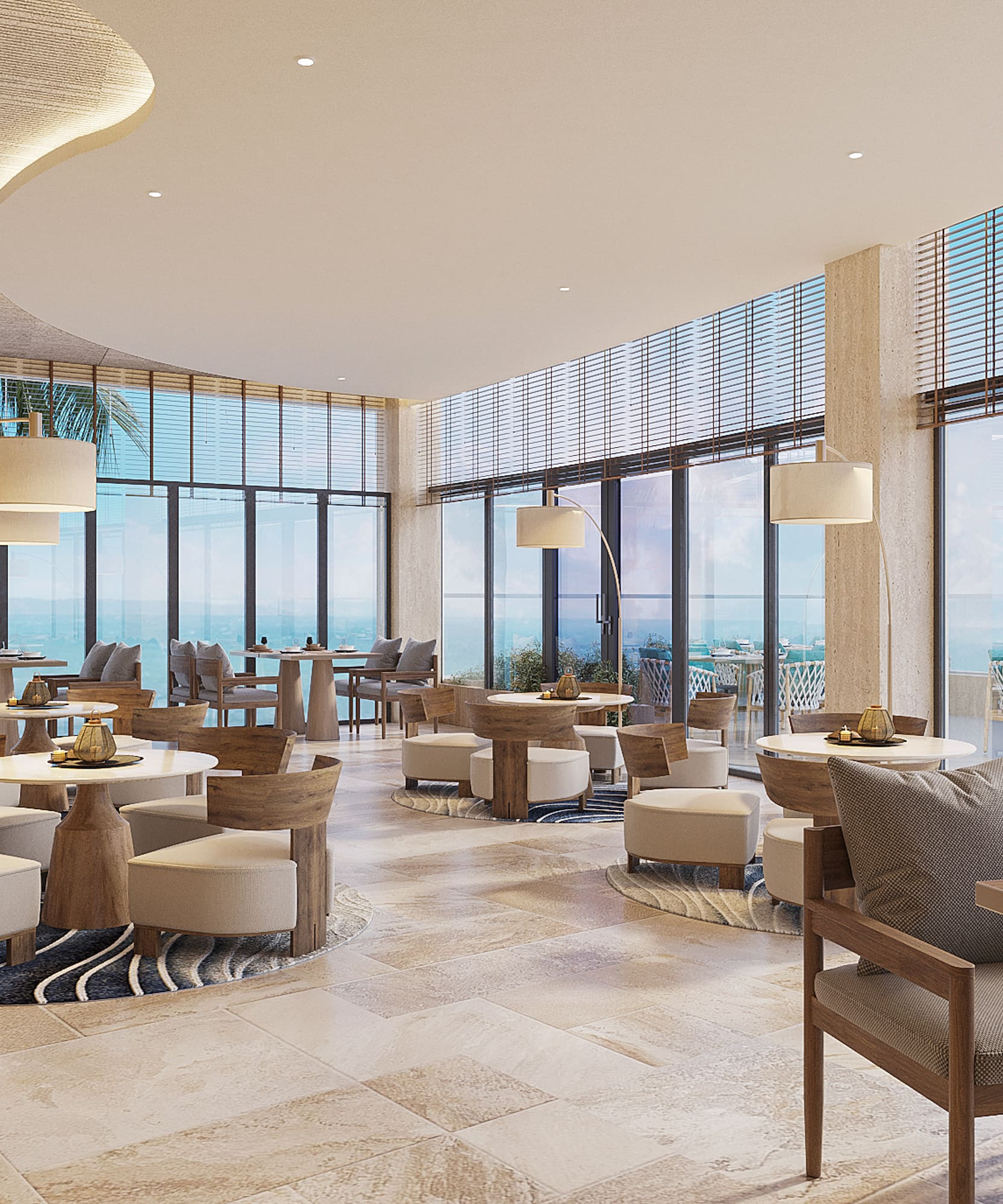 a room with tables and chairs