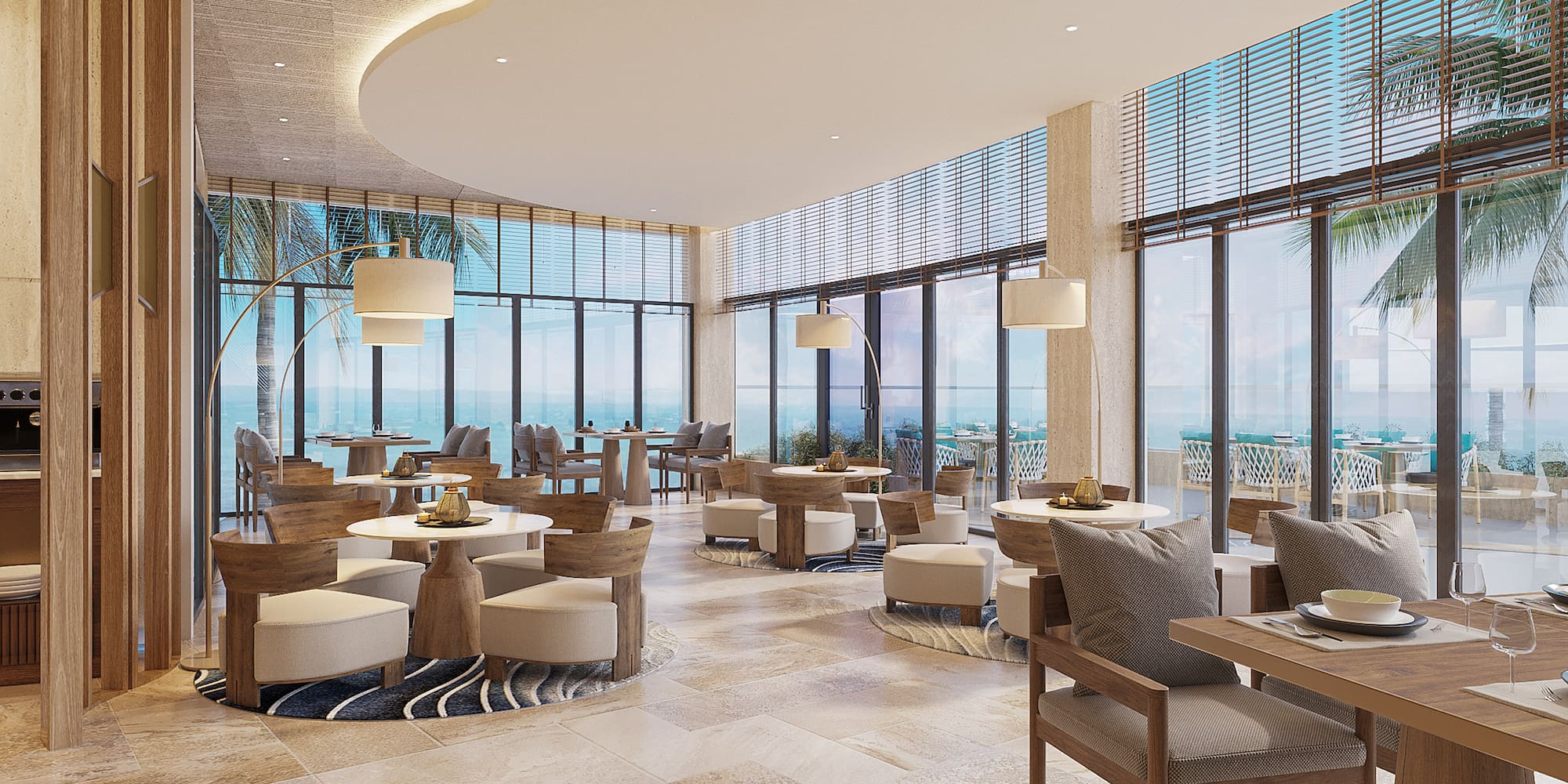 a room with tables and chairs