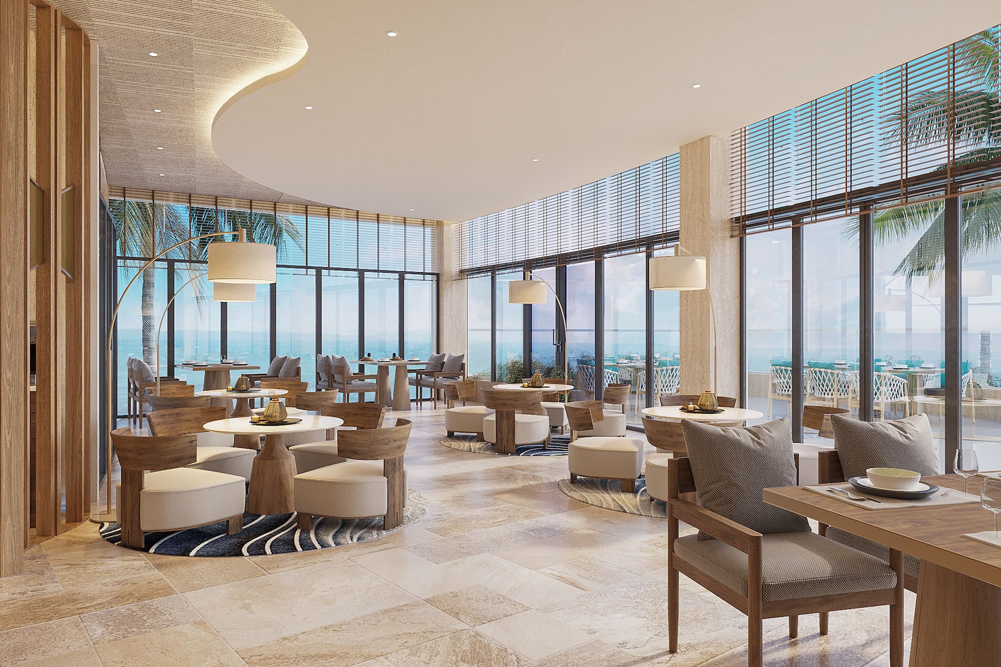 a room with tables and chairs