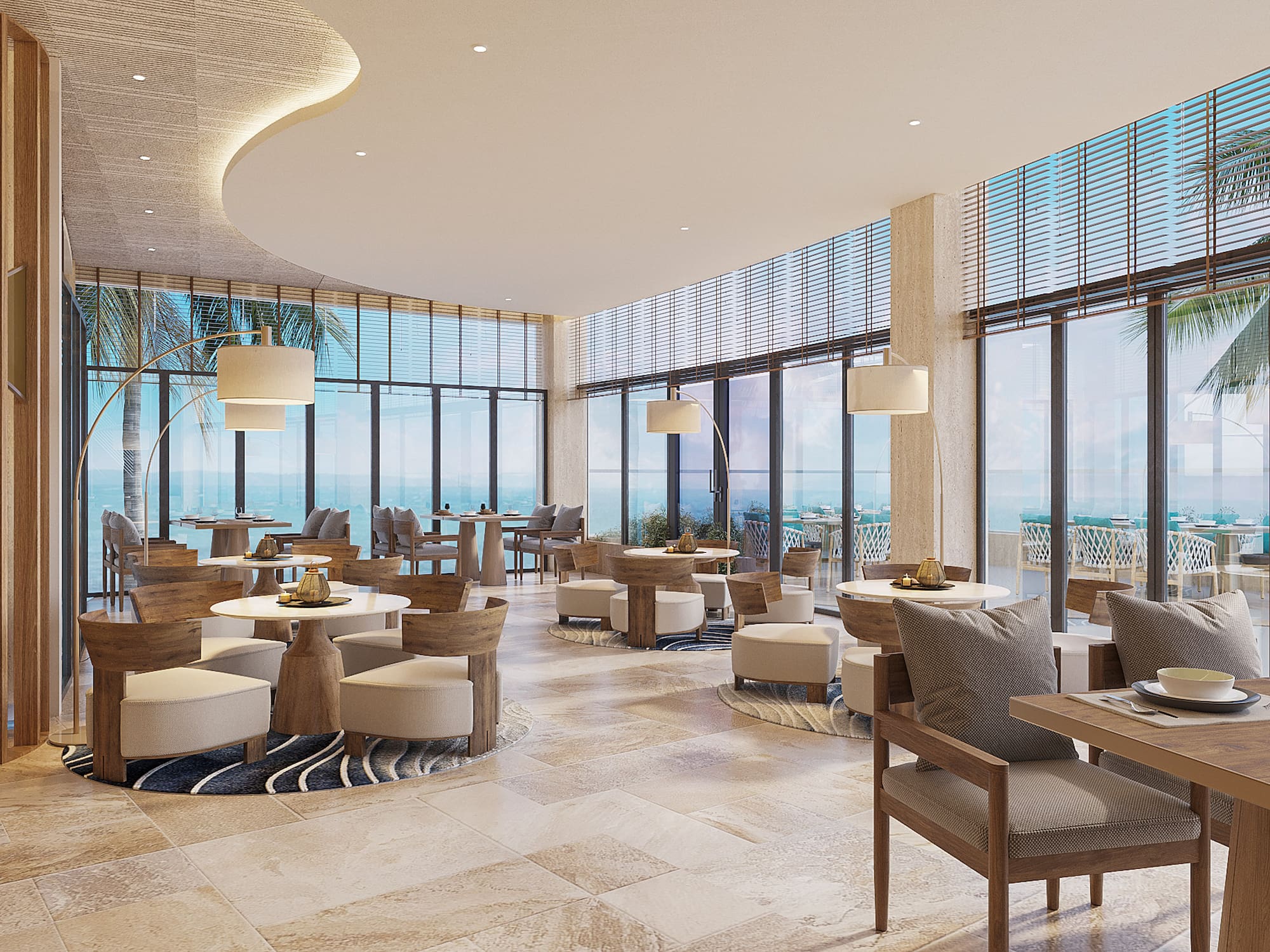 a room with tables and chairs