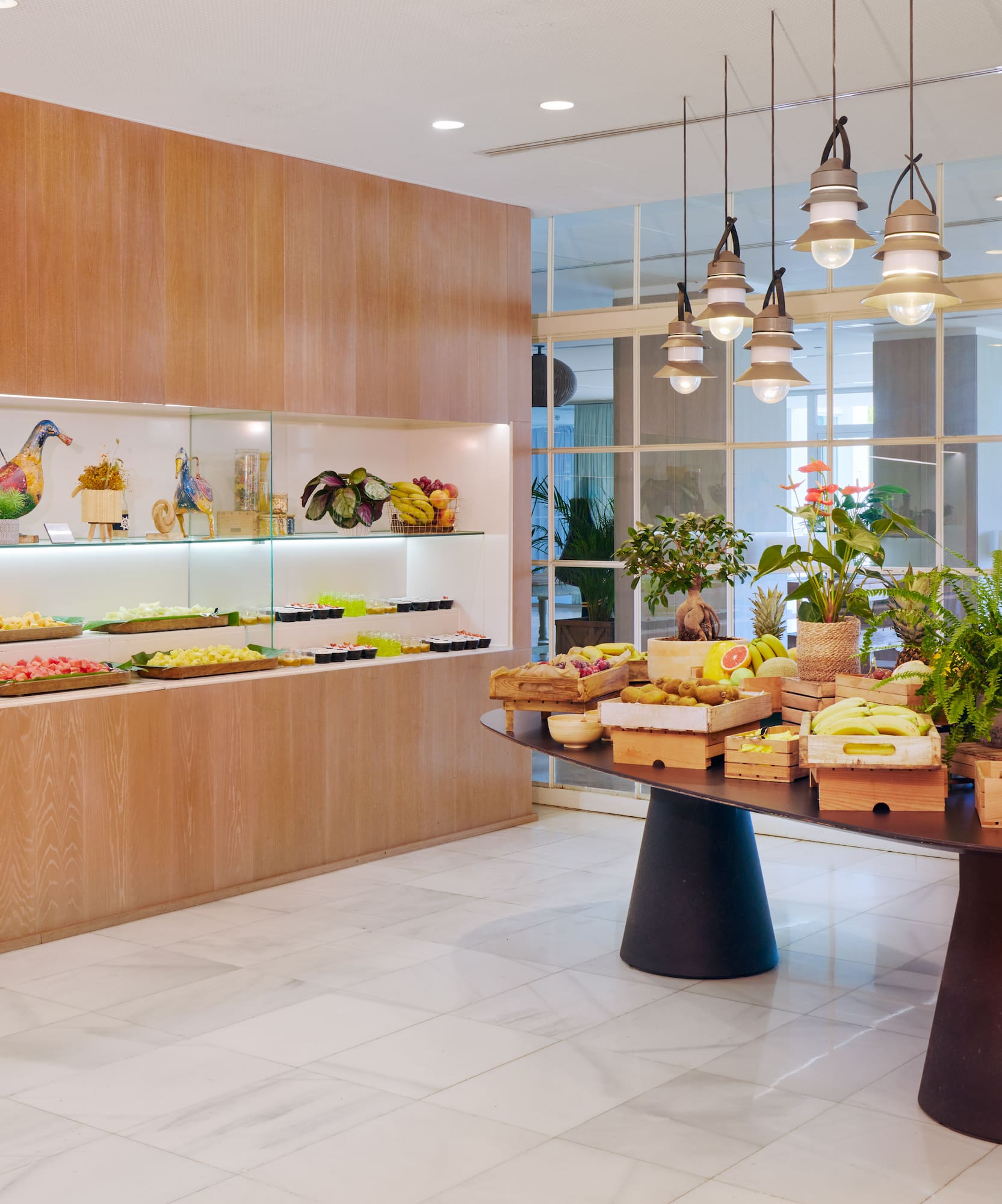 a room with a table of food